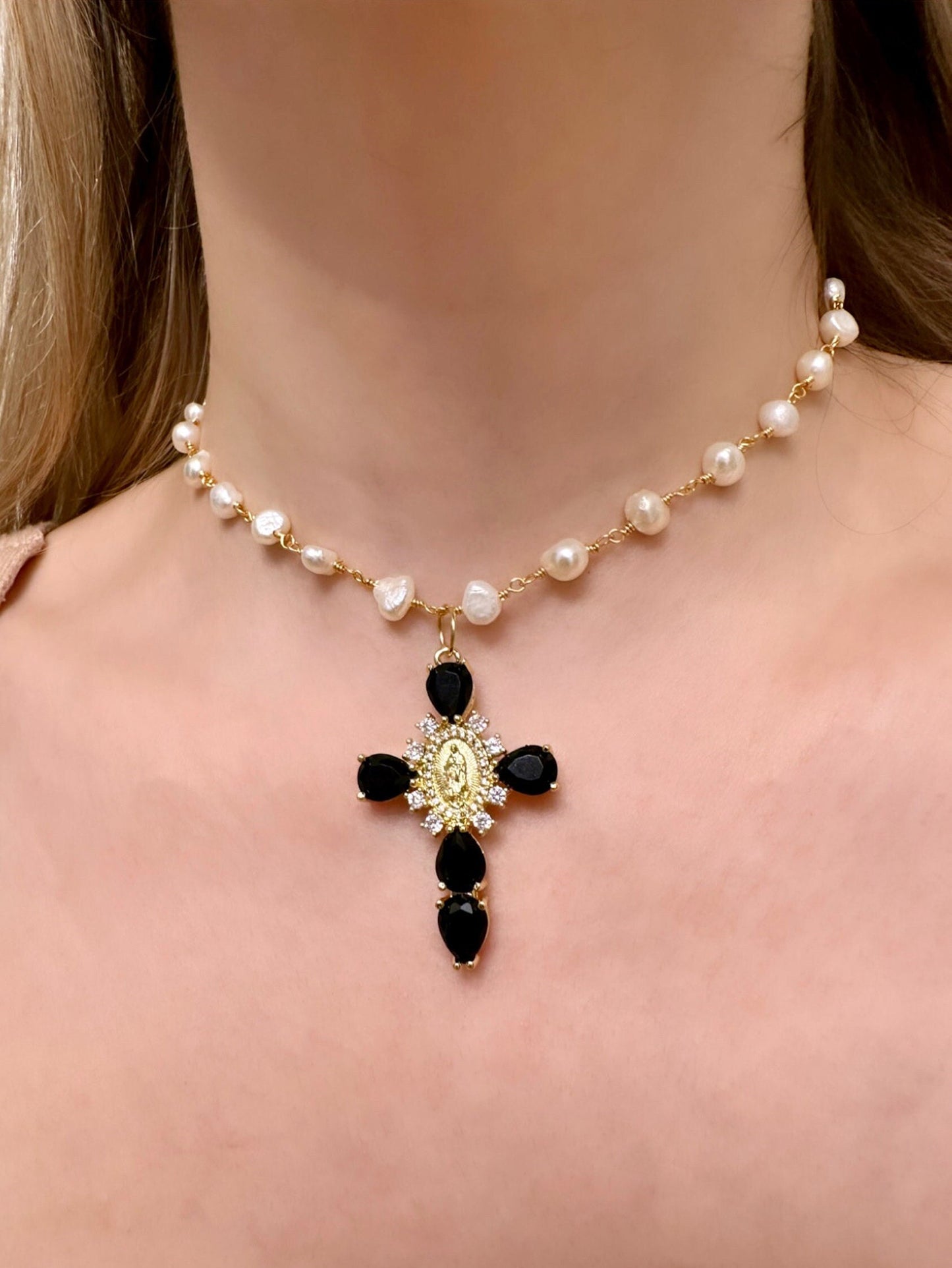 Renaissance Cross Necklace, Freshwater Pearl Cross, Black Cross Necklace, 18K Cross Pendant, Pearl Cross Necklace Women, Medieval Cross