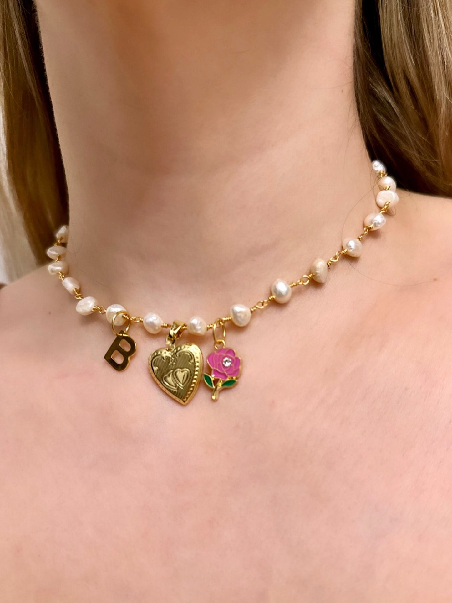 Pearl Locket Necklace Heart, Heart Locket Necklace With Letter, Gold Heart Locket Personalized, Custom Locket Necklace, Valentine's Necklace