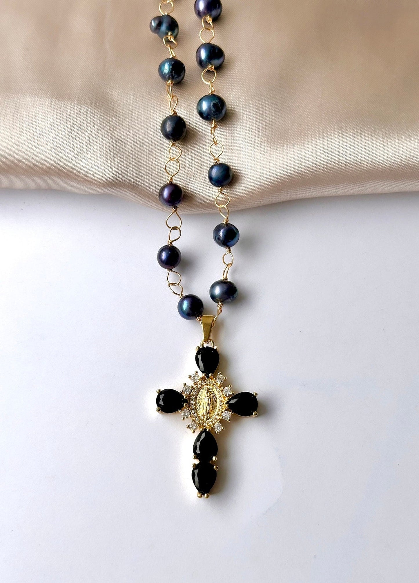 Black Pearl Necklace For Women, Black Cross Necklace For Women, Pearl Cross Necklace, Large Cross Necklace, Real Pearl Necklace, Renaissance