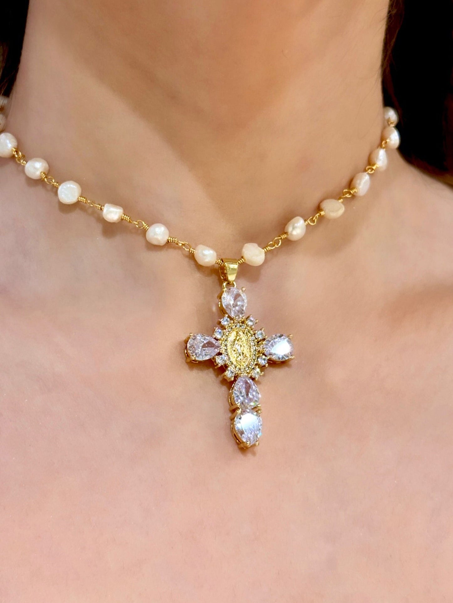 Freshwater Pearl Cross Necklace - Statement Cross Pearl Necklace - Pearl Bead Cross Necklace, Gold Filled CZ Cross Pendant, CZ Cross Pendant