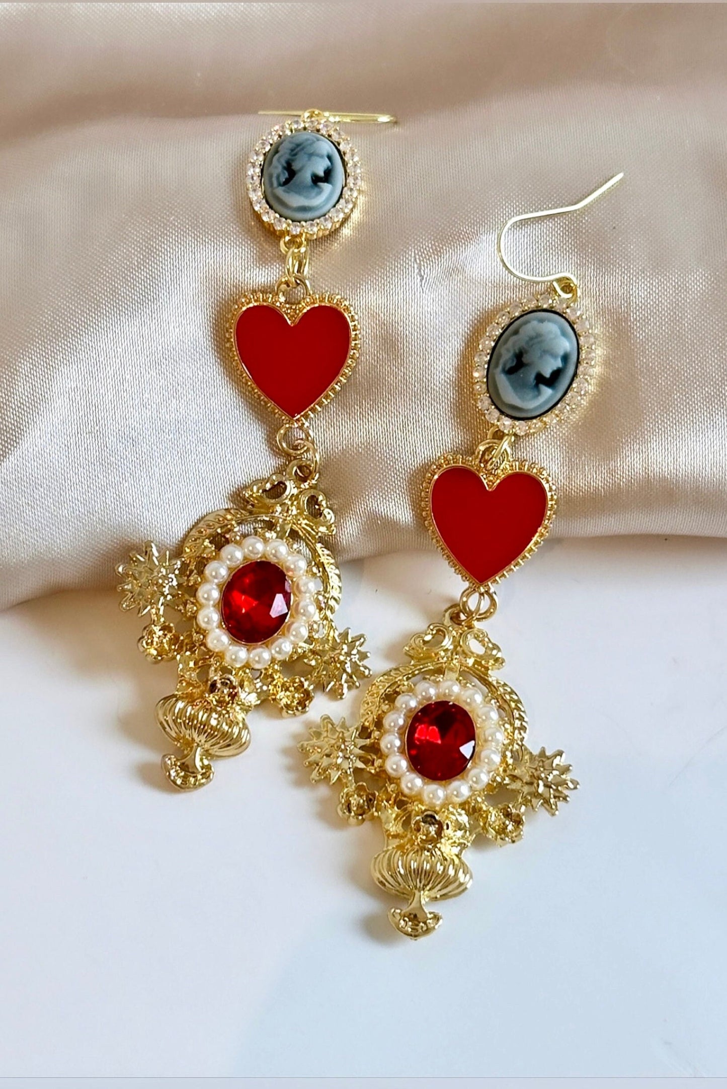 Valentine's Day Earrings, Queen of Hearts Earrings, Long Victorian Earrings, Heart Cameo Earrings, Statement Heart Earrings, Vday Gift