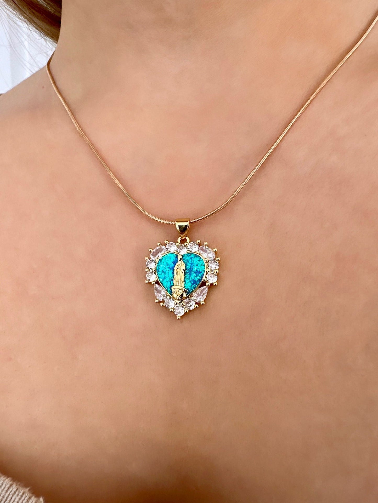 Virgin Mary Gold Heart Pendant, Mother Mary Necklace Gold, Mother's Day Heart Necklace, Catholic Heart Necklace Opal Heart Pendant 18kt Gold