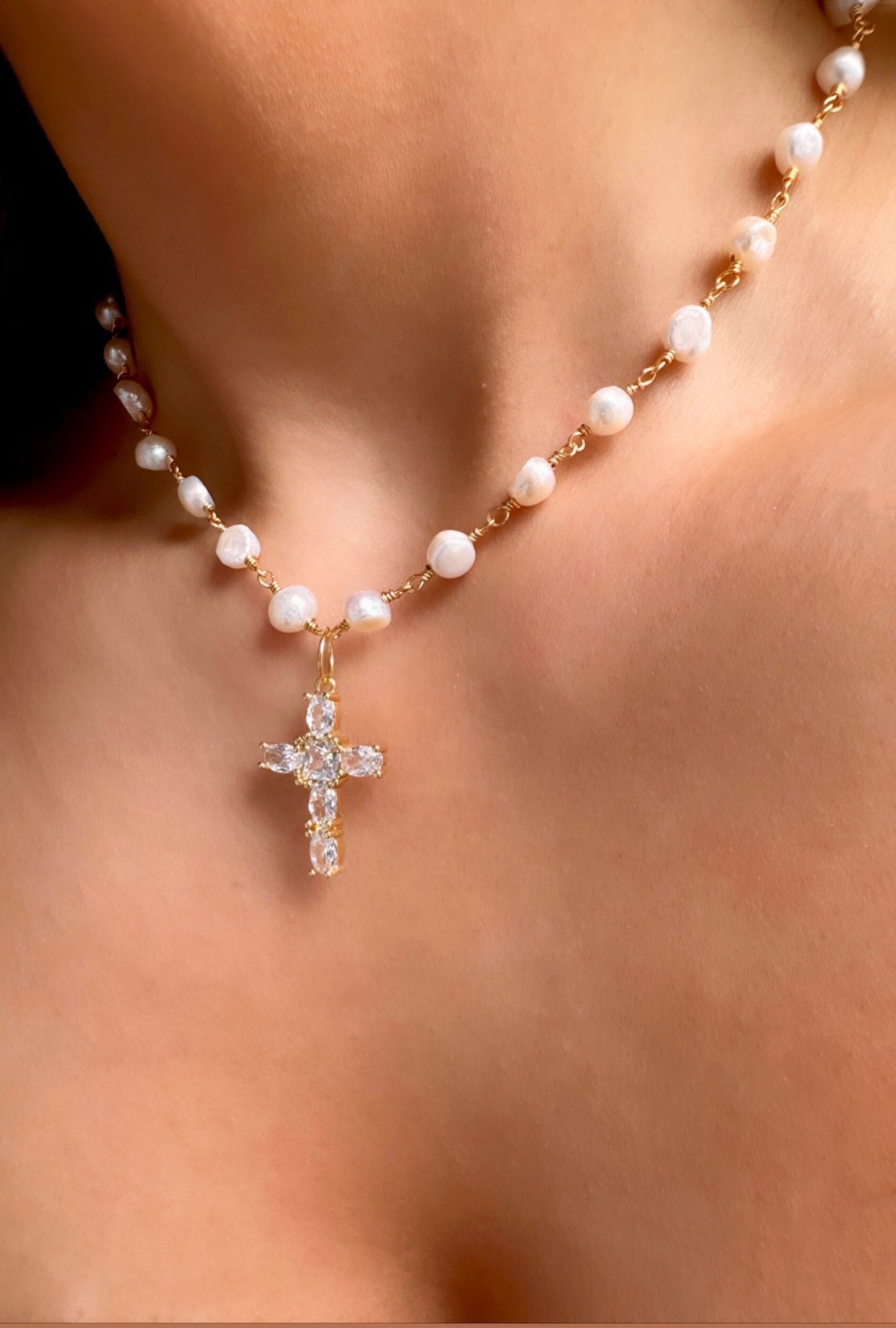 Freshwater Pearl Cross Necklace - Statement Cross Pearl Necklace - Pearl Bead Cross Necklace, Gold Filled CZ Cross Pendant, CZ Cross Pendant