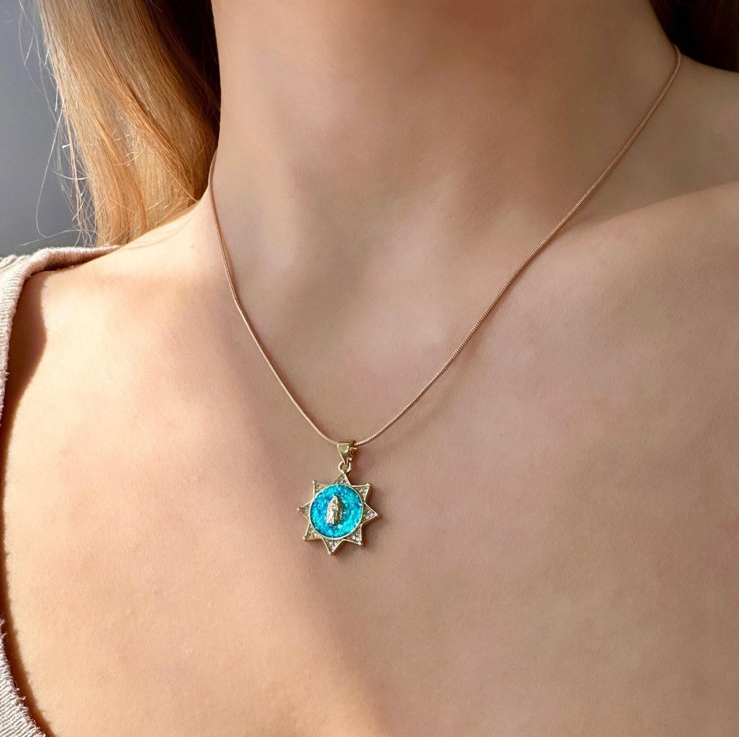 Opal Virgin Mary Pendant, Our Lady Of Guadalupe Pendant Necklace, Virgin Mary Pendant Blue, Gold Virgin Mary Pendant, Virgin Mary Stars