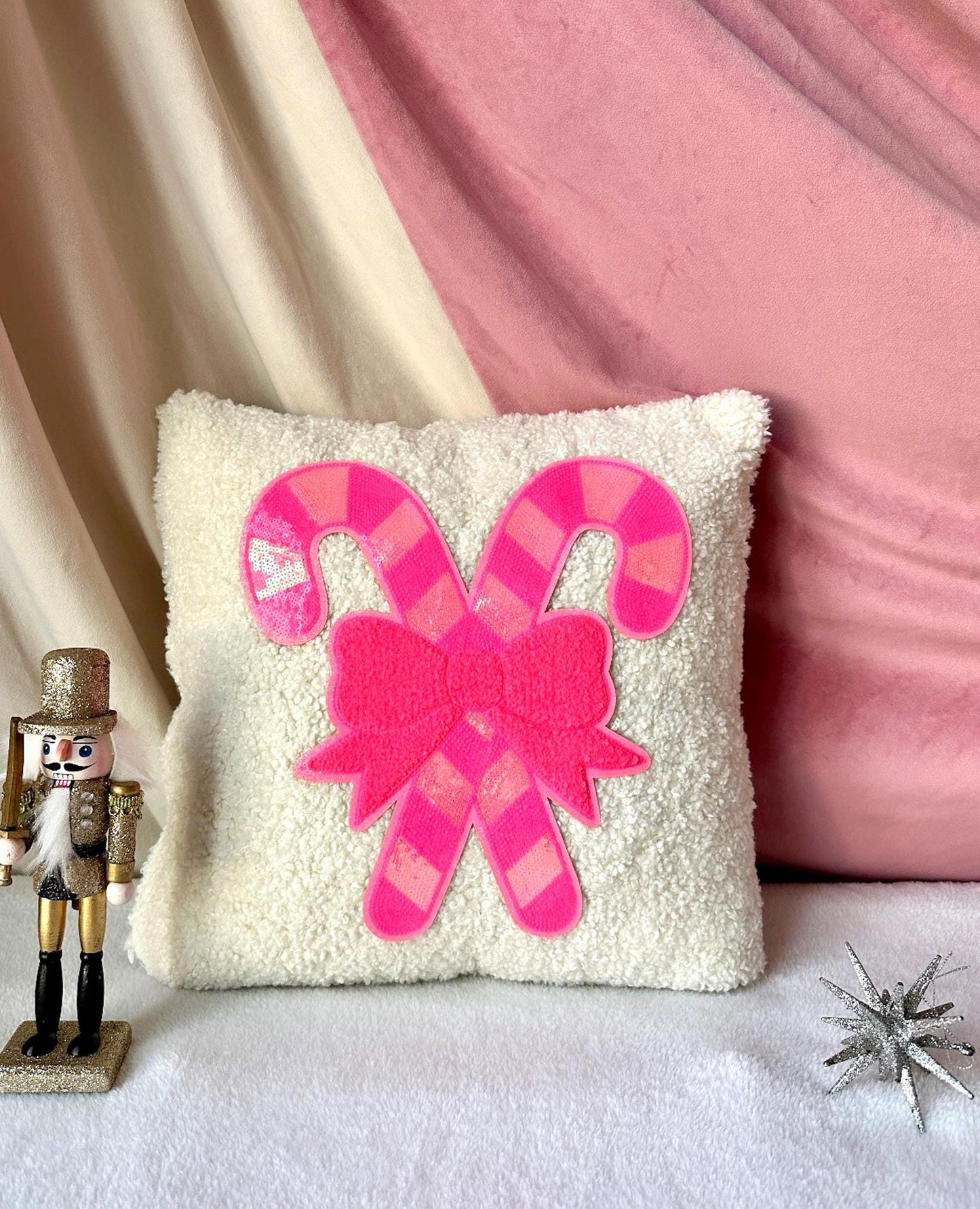Pink Candy Cane Pillow, Candy Cane Christmas Pillow, Pink Bow Pillow, Sequin Christmas Pillow Coquette Christmas Pillow, White Boucle Pillow