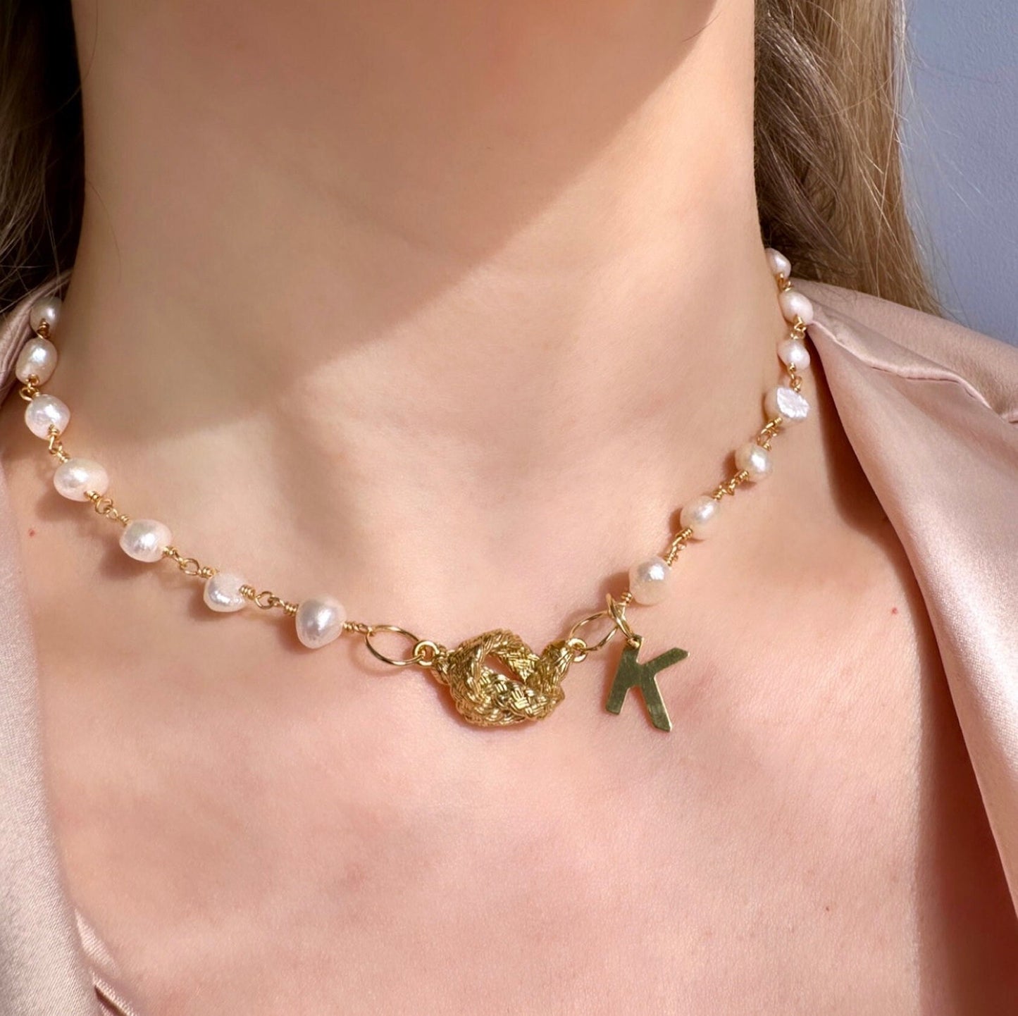 Tie The Knot Necklace, Love Knot Necklace Gold Dainty, Wedding Pearl Necklace Personalized, Pearl Knot Necklace Simple Gold Initial Necklace
