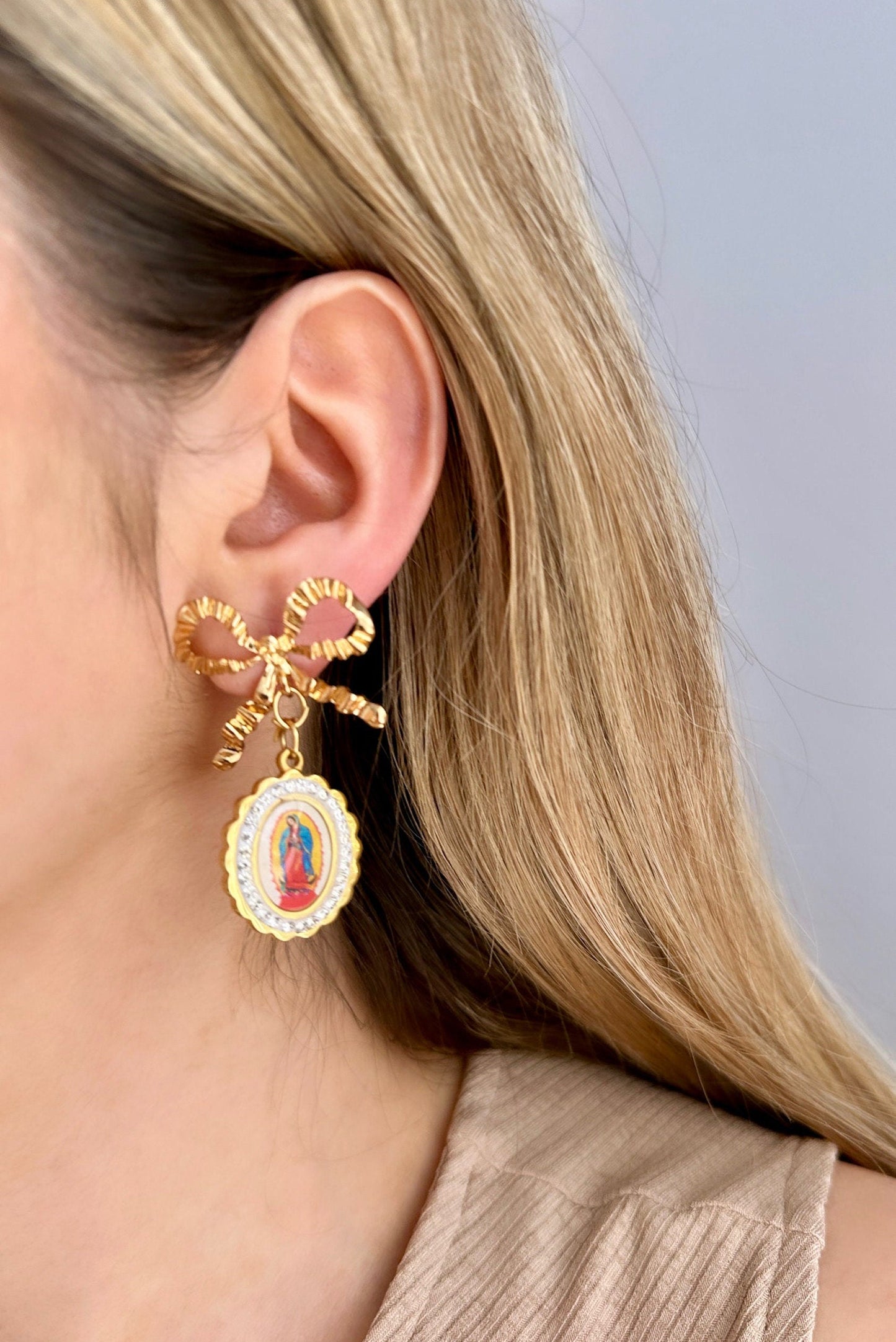 Virgin Mary Dangle Earrings, Our Lady Of Guadalupe Earrings, Statement Bow Earrings, Catholic Drop Earrings, Church Earrings, Baptism Gift