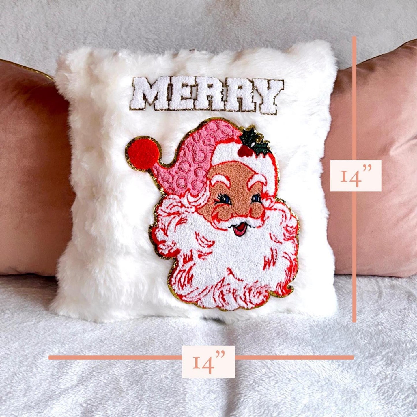 Retro Santa Pillow, Pink Santa Pillow, Faux Fur Christmas Pillow, Merry Pillow, Coquette Christmas Pillow, Pink Christmas Decor Home Decor