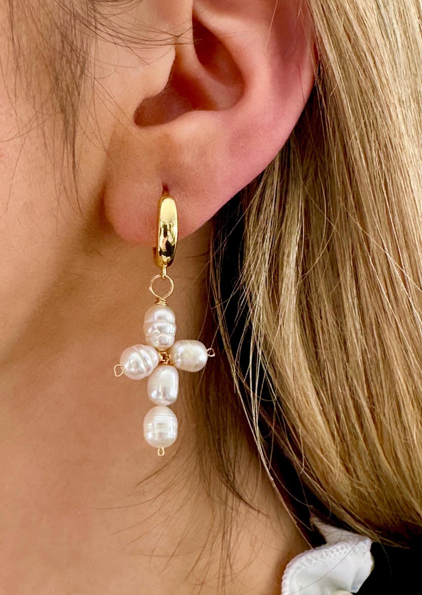 Freshwater Pearl Cross Earrings, Gold Cross Hoop Earrings, Baptism Earrings, Stainless Steel Cross Earrings, Gold Cross Earrings For Women