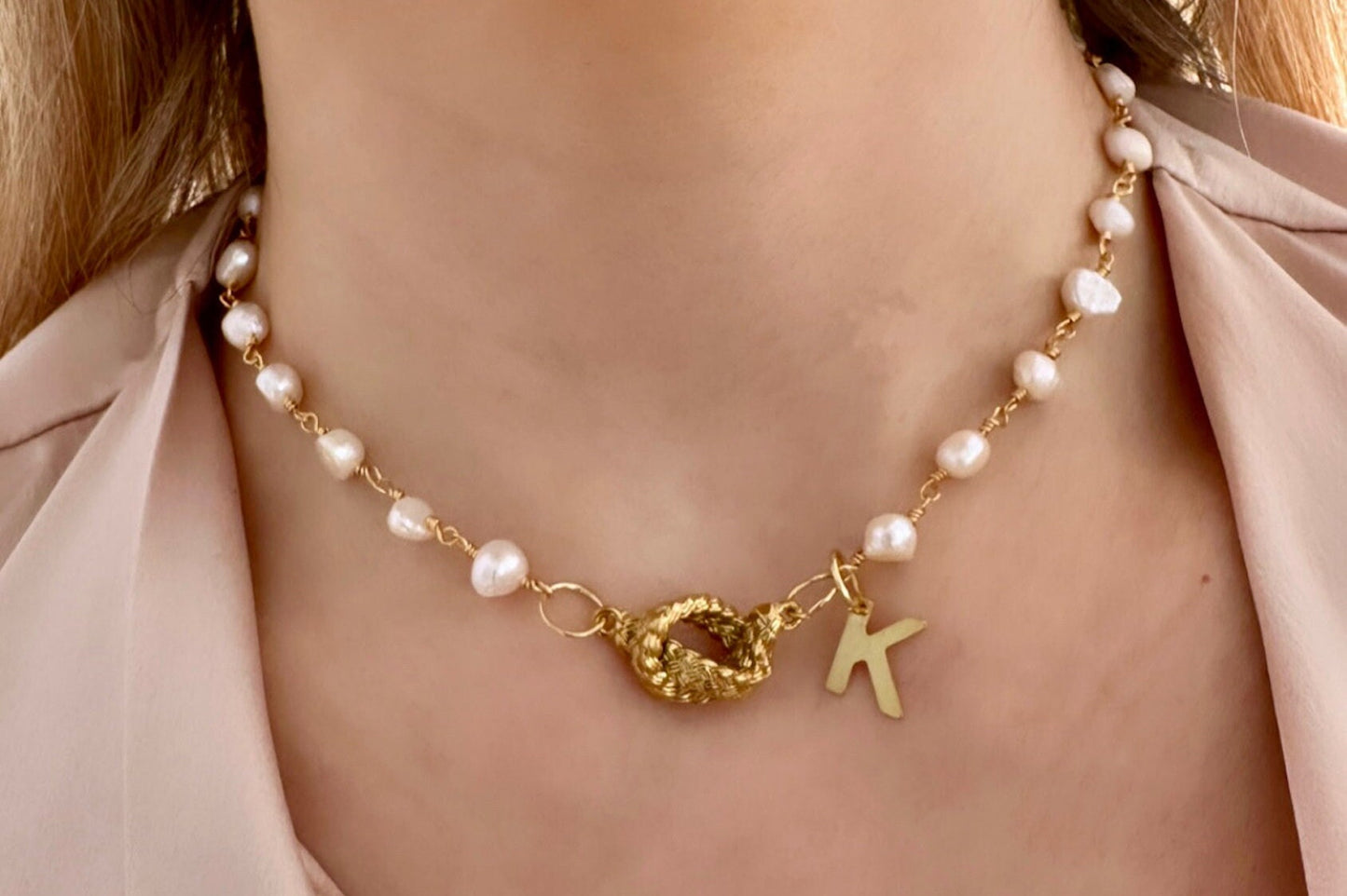Tie The Knot Necklace, Love Knot Necklace Gold Dainty, Wedding Pearl Necklace Personalized, Pearl Knot Necklace Simple Gold Initial Necklace
