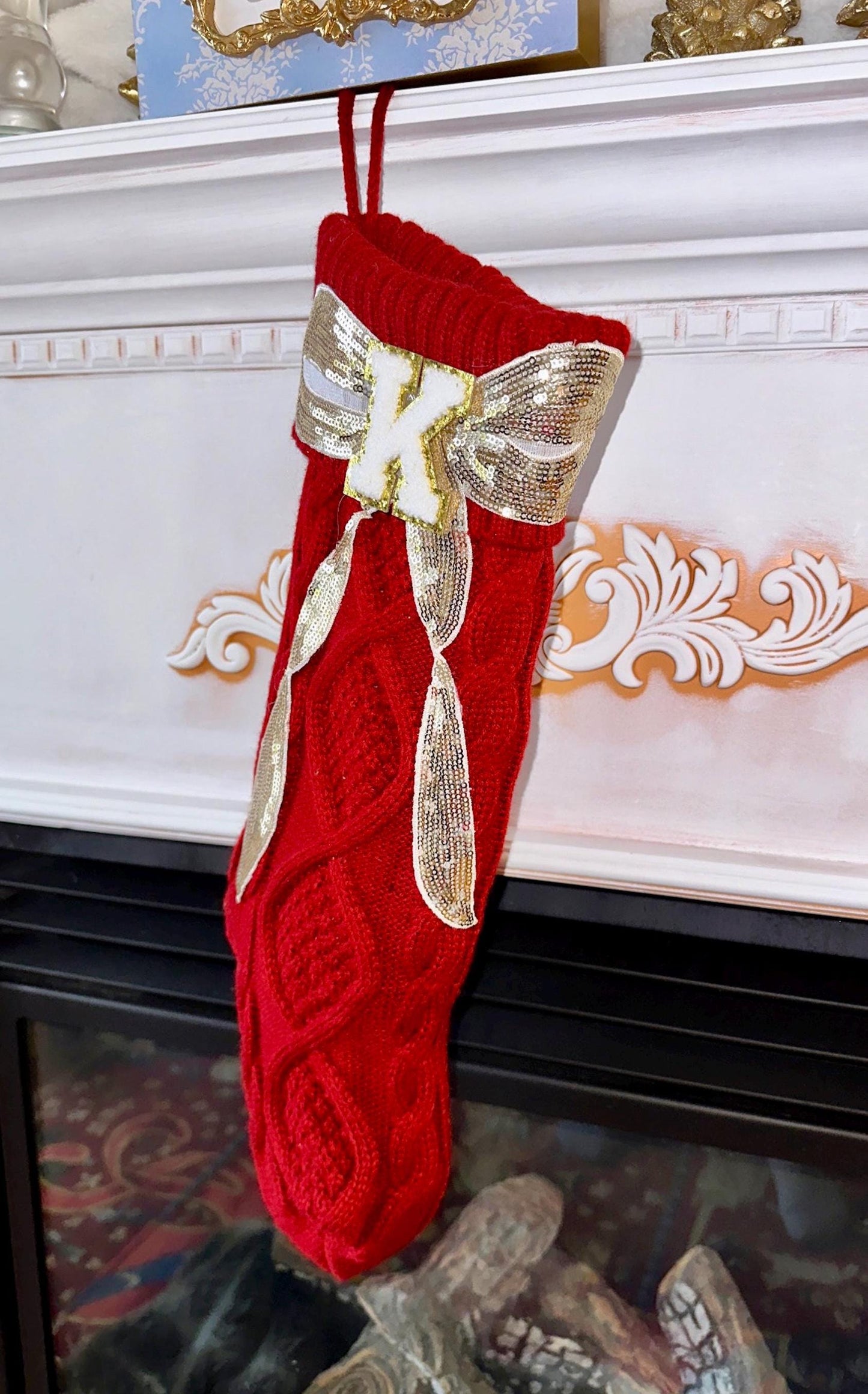 Custom Christmas Stocking Large, Red Knit Christmas Stocking, Personalized Christmas Stocking, Sequin Bow Christmas Stocking Letter Stocking