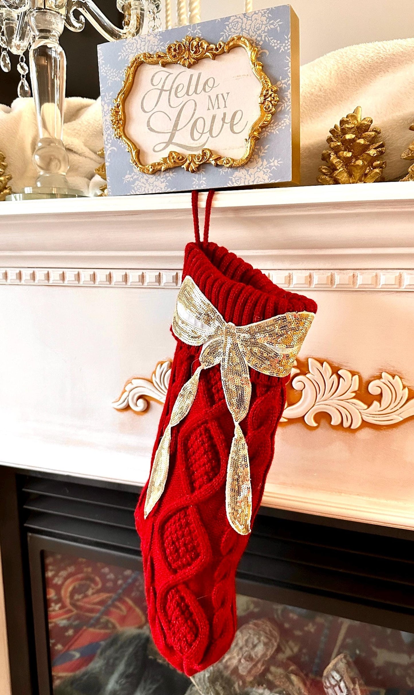 Red Knit Christmas Stocking, Bow Christmas Stocking, Coquette Christmas Stocking, Sequin Christmas Stocking, Gold Bow Christmas Decoration