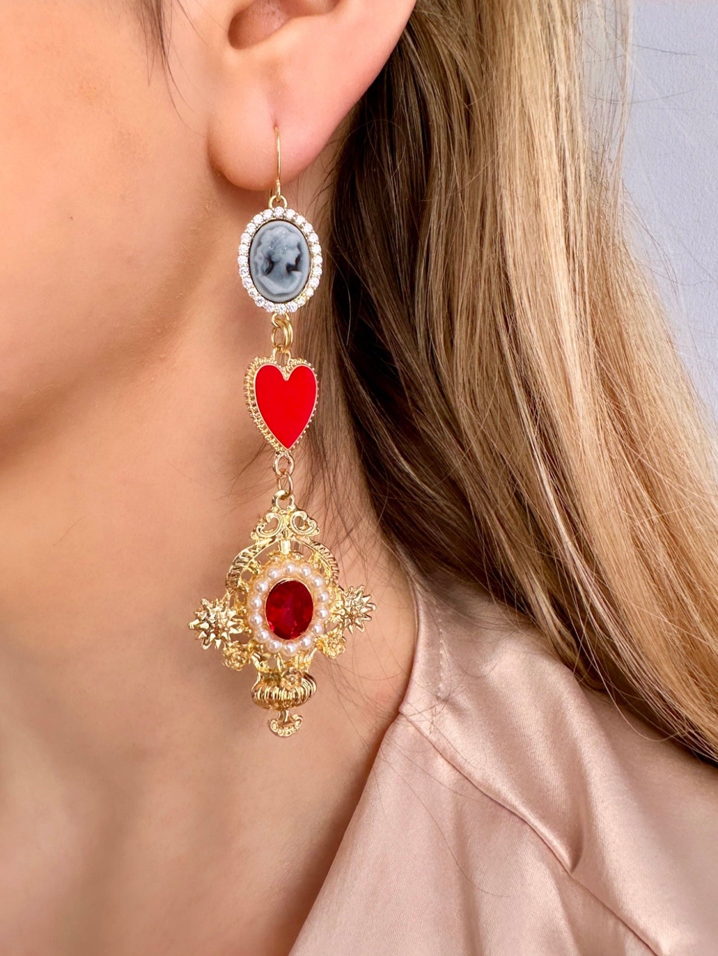 Valentine's Day Earrings, Queen of Hearts Earrings, Long Victorian Earrings, Heart Cameo Earrings, Statement Heart Earrings, Vday Gift