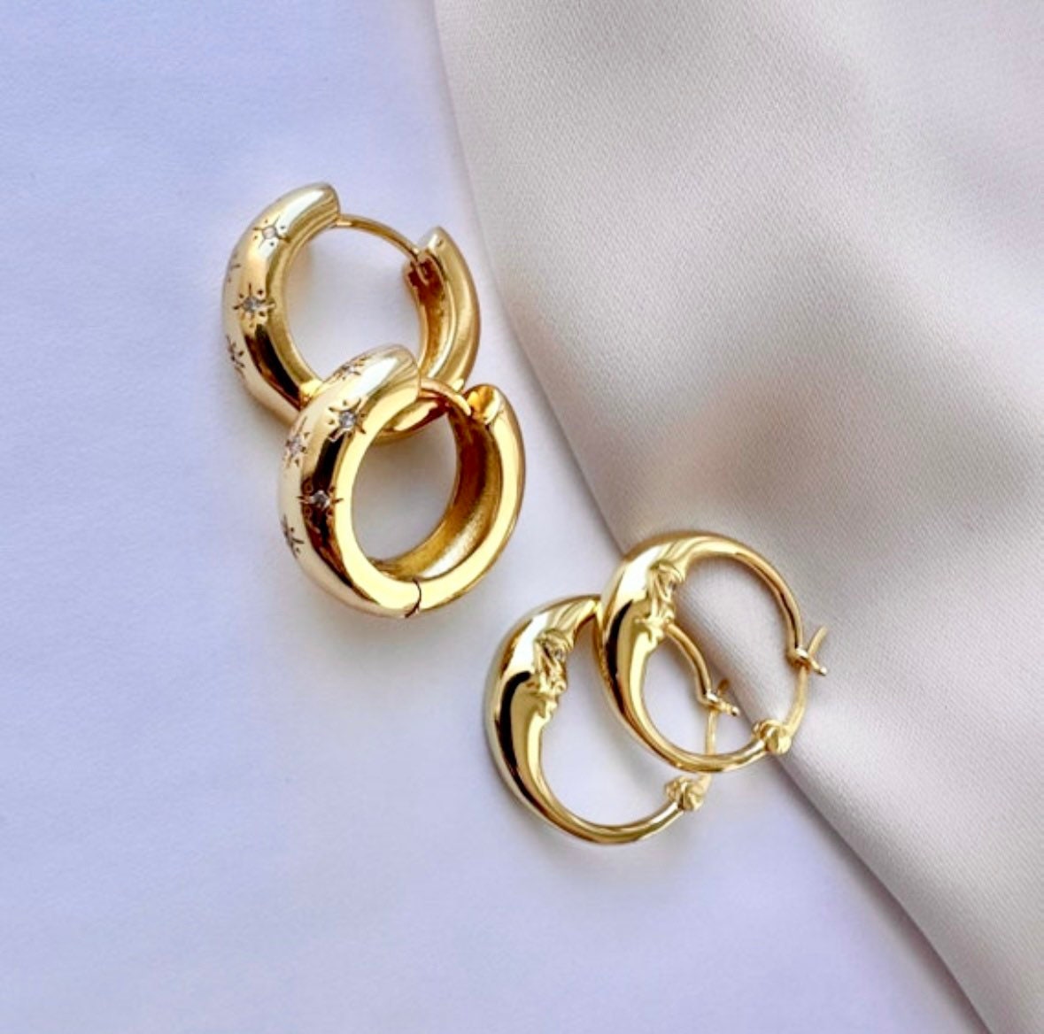 Hoop Earrings Set, Moon Earrings, Tiny Hoop Earrings, Gold Moon Earrings, Star Hoops, Wanderlust Jewelry, Starburst Earrings, Chunky Hoops