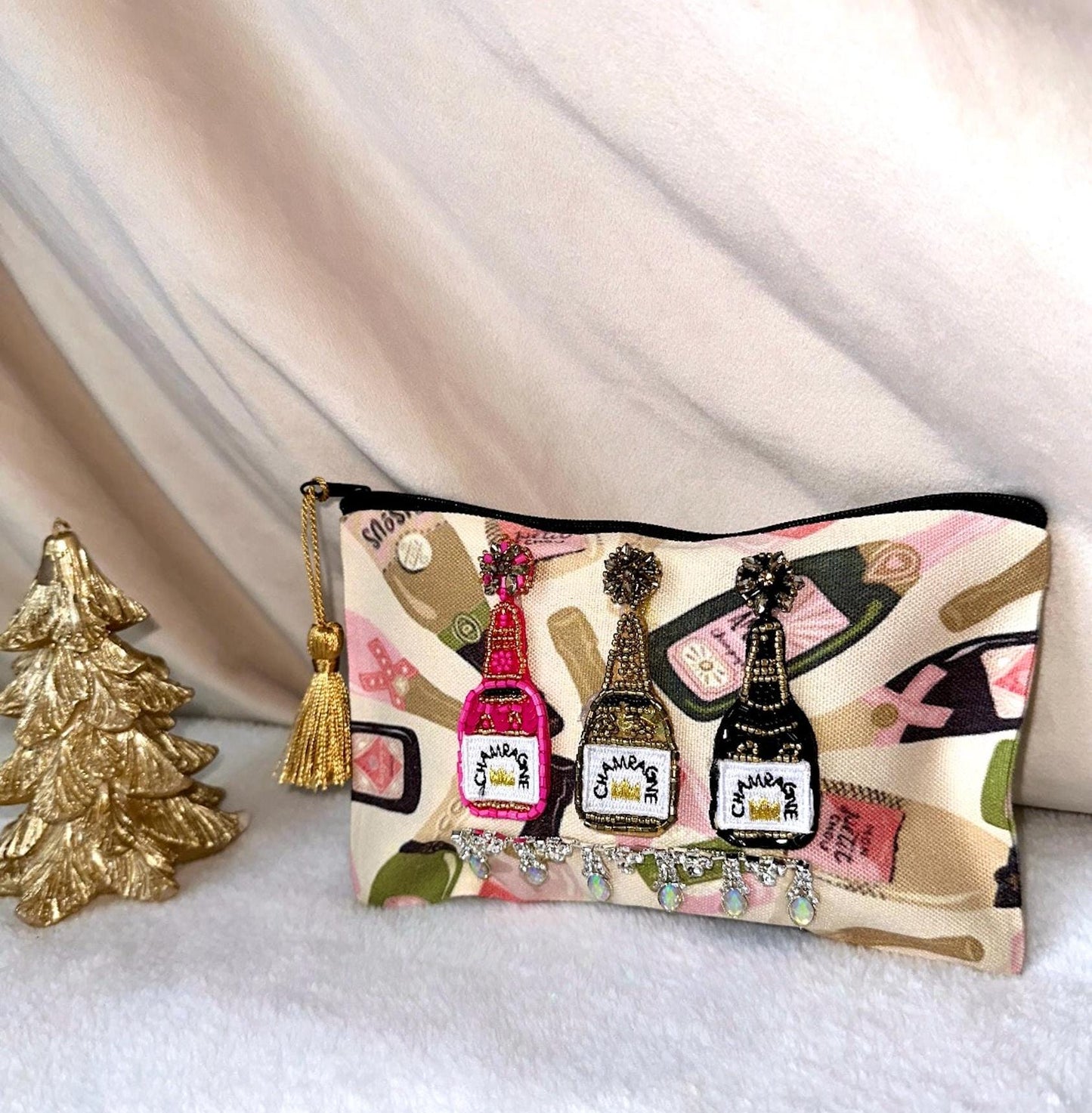 Champagne Purse, Bride Make Up Bag, Champagne Makeup Bag, Canvas Makeup Pouch, New Year's Bag, Hangover Kit Bags, Bachelorette Bags NYE gift