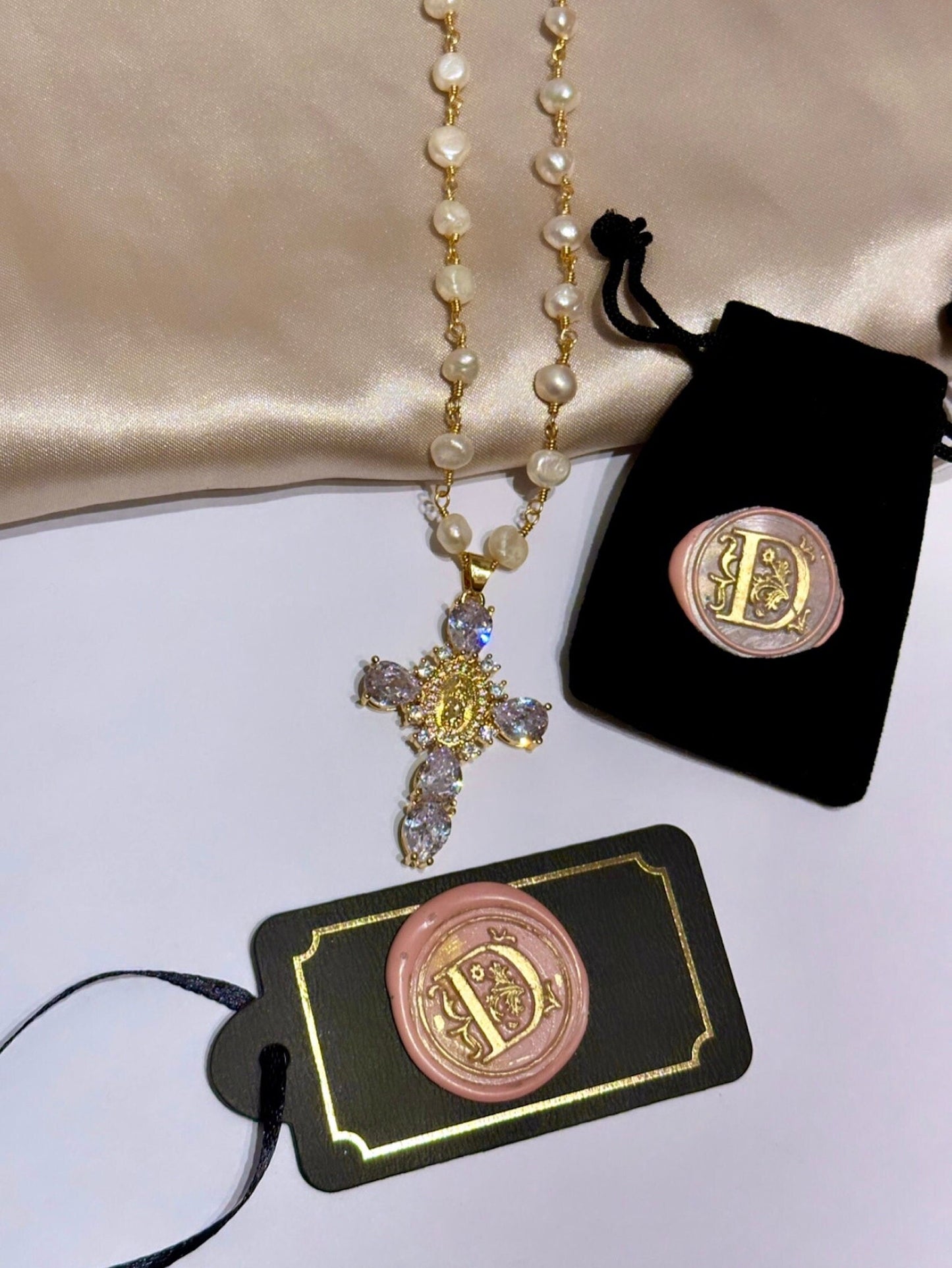 Freshwater Pearl Cross Necklace - Statement Cross Pearl Necklace - Pearl Bead Cross Necklace, Gold Filled CZ Cross Pendant, CZ Cross Pendant