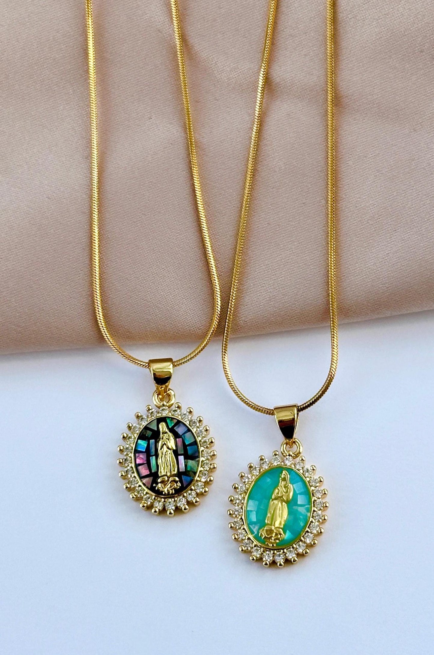 Tiny Virgin Mary Necklace, Small Virgin Mary Pendant, Mosaic Necklace, Shell Pendant Necklace, Our Lady Of Guadalupe Necklace, Baptism Gift