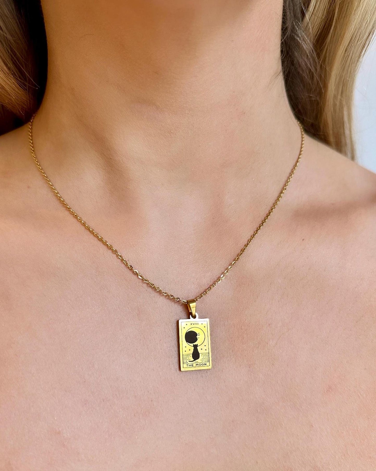 Cat Moon Necklace, Cat Tarot Necklace, The Moon Tarot Necklace, Gold Cat Necklace, Stainless Steel Tarot Card Pendant, Celestial Pendant