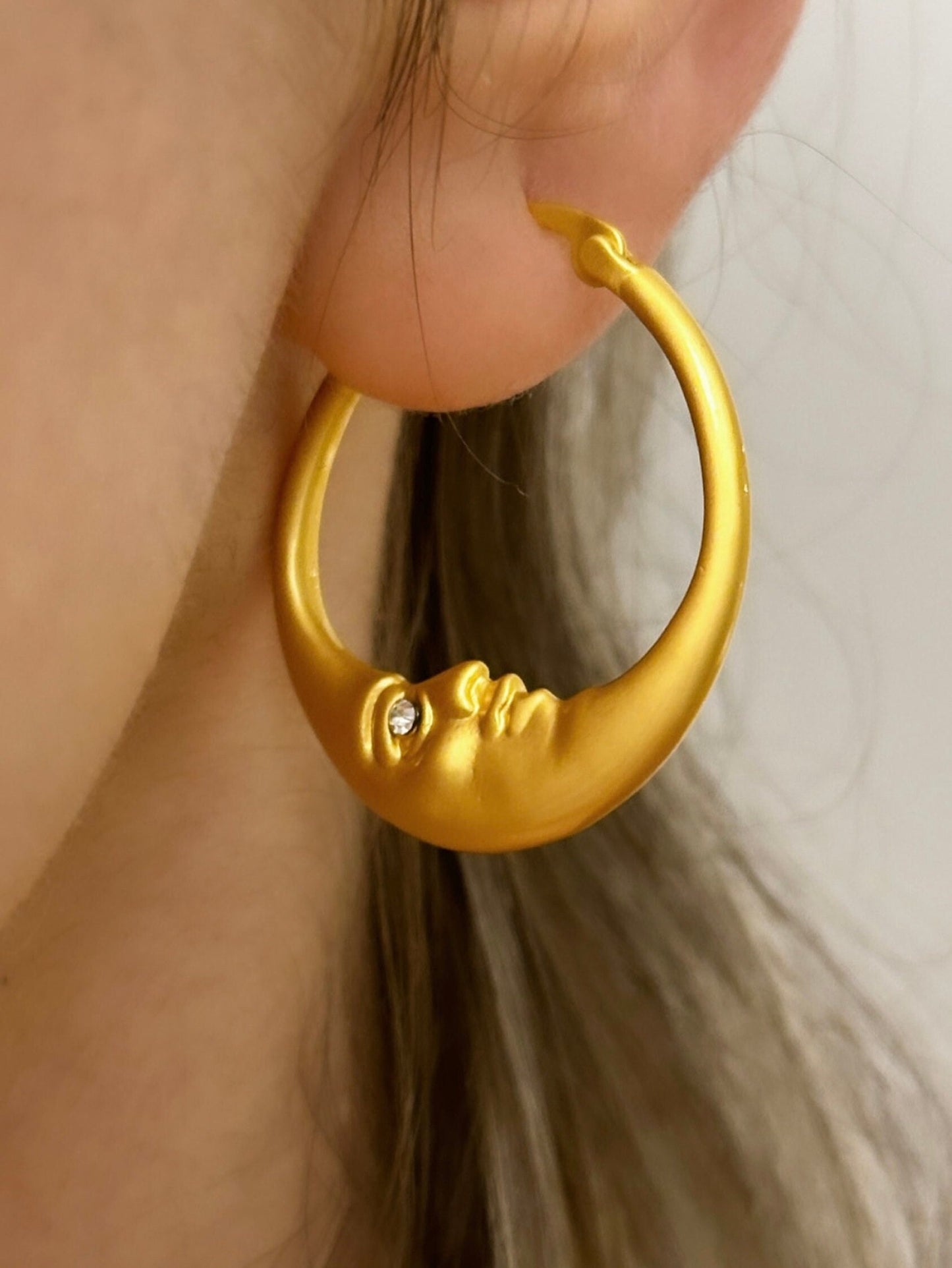 Moon Crescent Hoop Earrings, Gold Moon Hoops, Moon Face Earrings, Moon Crescent Earrings, Gold Moon Hoop Earrings, Celestial Hoop Earrings