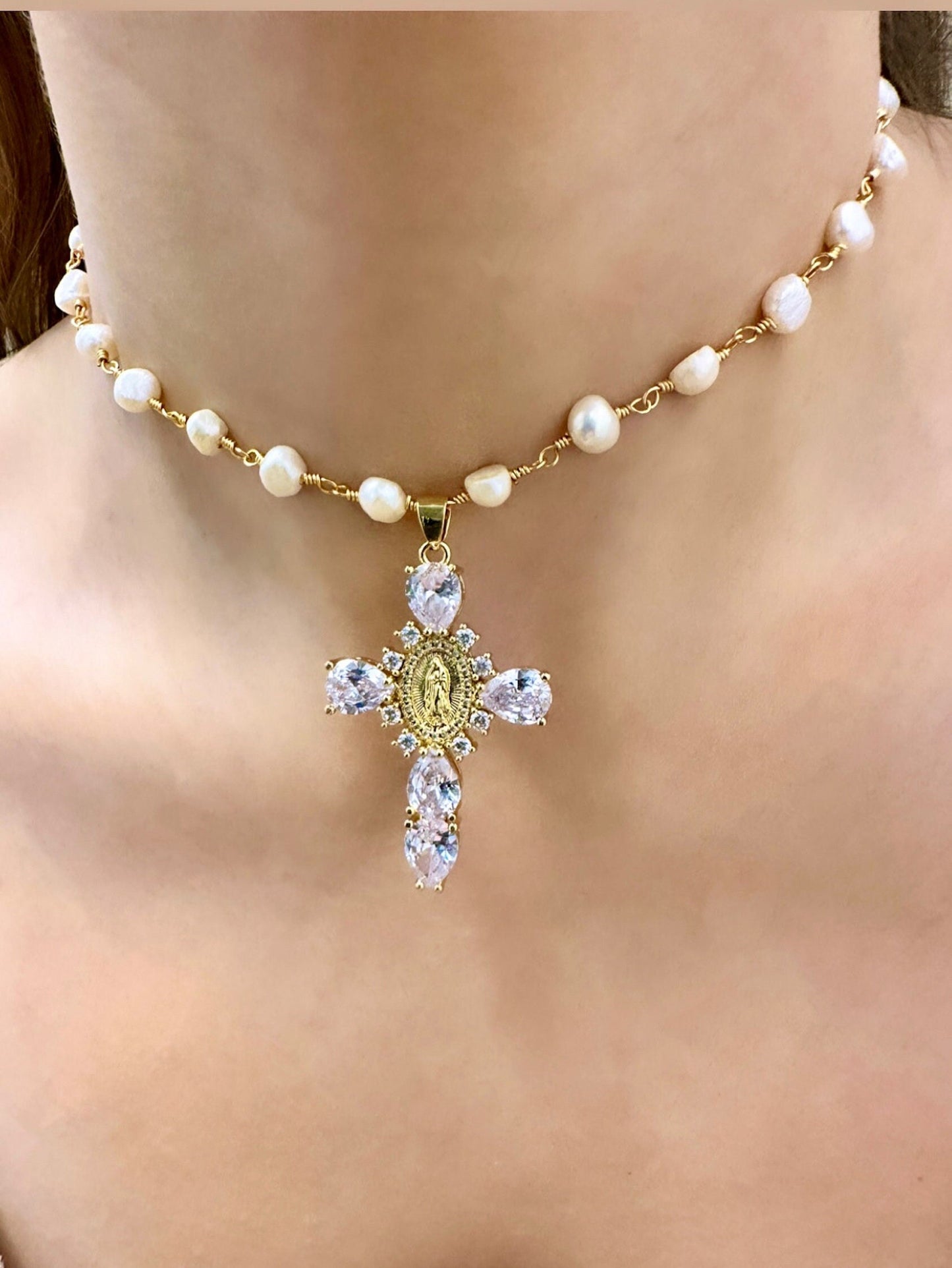 Freshwater Pearl Cross Necklace - Statement Cross Pearl Necklace - Pearl Bead Cross Necklace, Gold Filled CZ Cross Pendant, CZ Cross Pendant