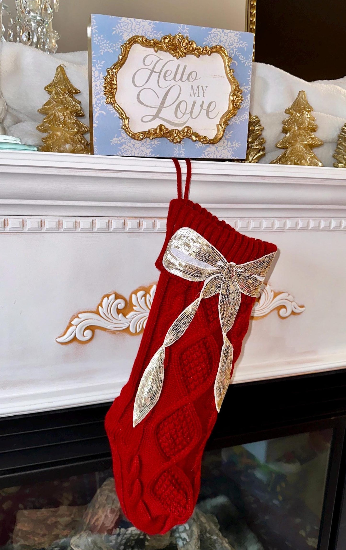 Bow Christmas Stocking, Coquette Christmas Stocking, Red Knit Christmas Stocking, Sequin Christmas Stocking, Gold Bow Christmas Decoration