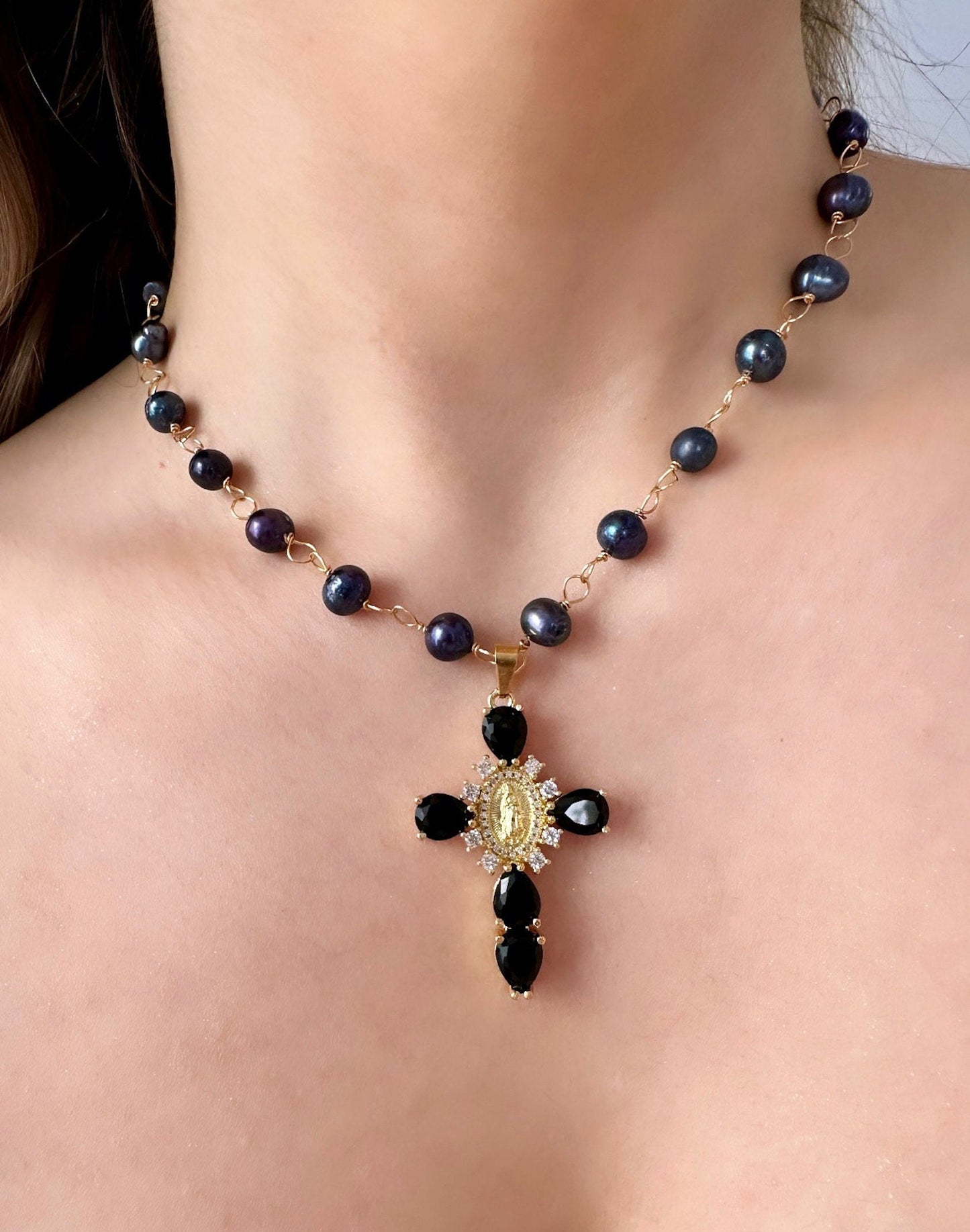 Black Cross Necklace For Women, Pearl Cross Necklace, Black Pearl Necklace For Women, Large Cross Necklace, Real Pearl Necklace, Renaissance