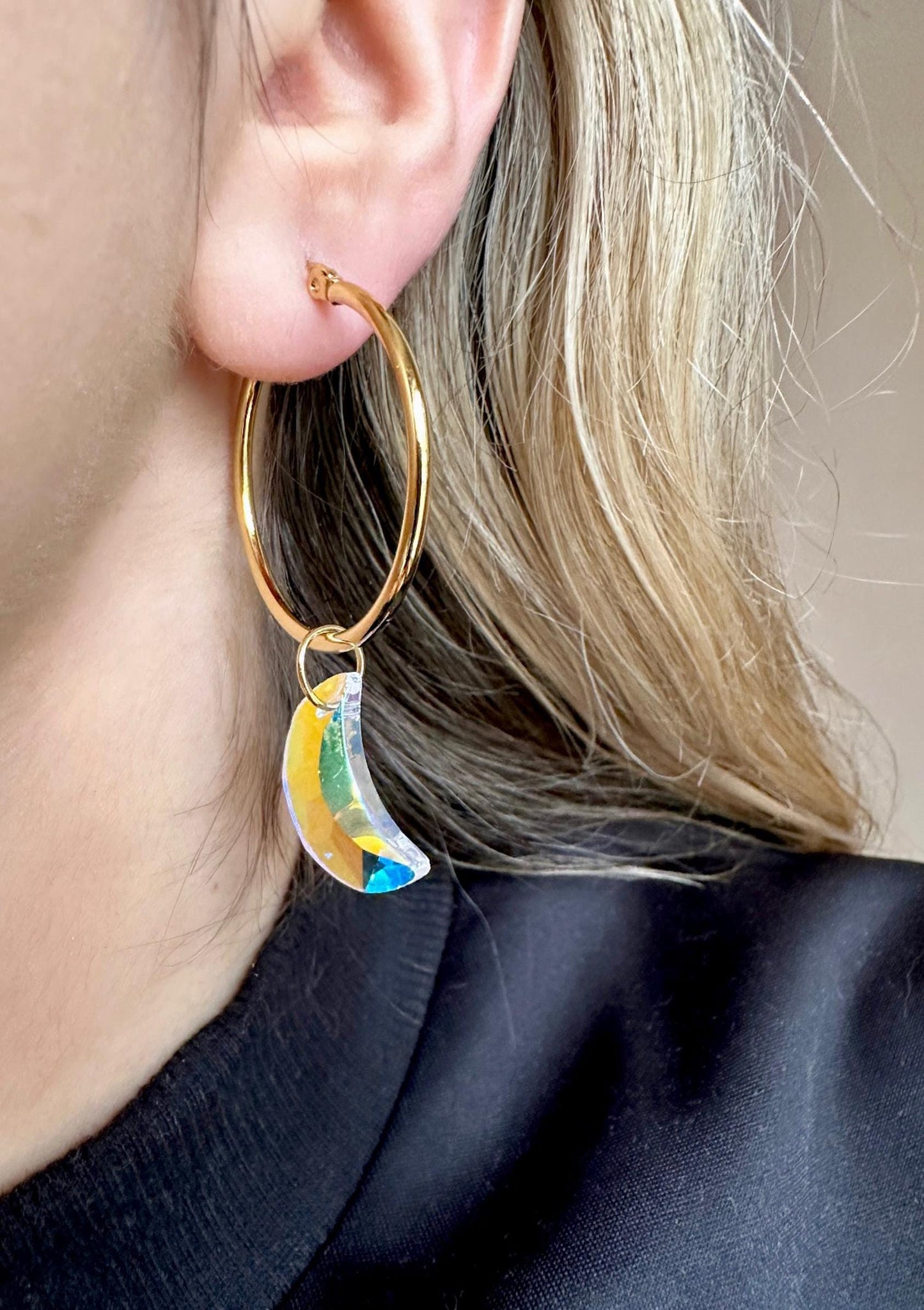 Star And Moon Hoop Earrings, Gold Celestial Earrings, Aurora Borealis Earrings, Asymmetrical Earrings, Gold Hoops, Crystal Star Earrings