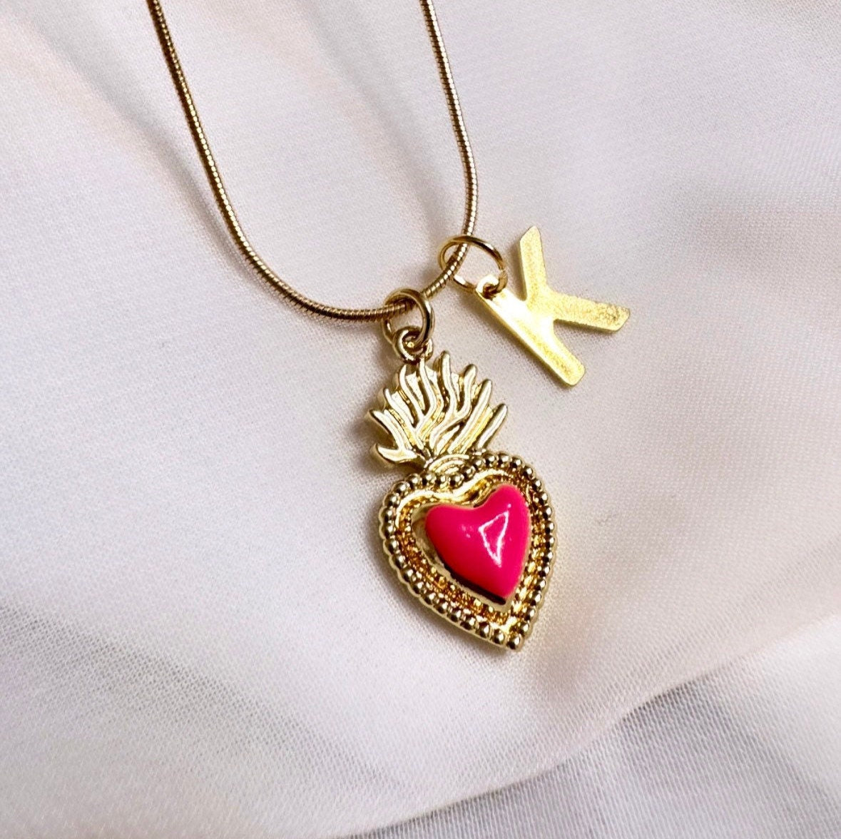 Milagro Heart Pendant, Small Sacred Heart Necklace Gold, Pink Milagro Heart, Gold Initial, Gold Sacred Heart Pendant, Flaming Heart Necklace