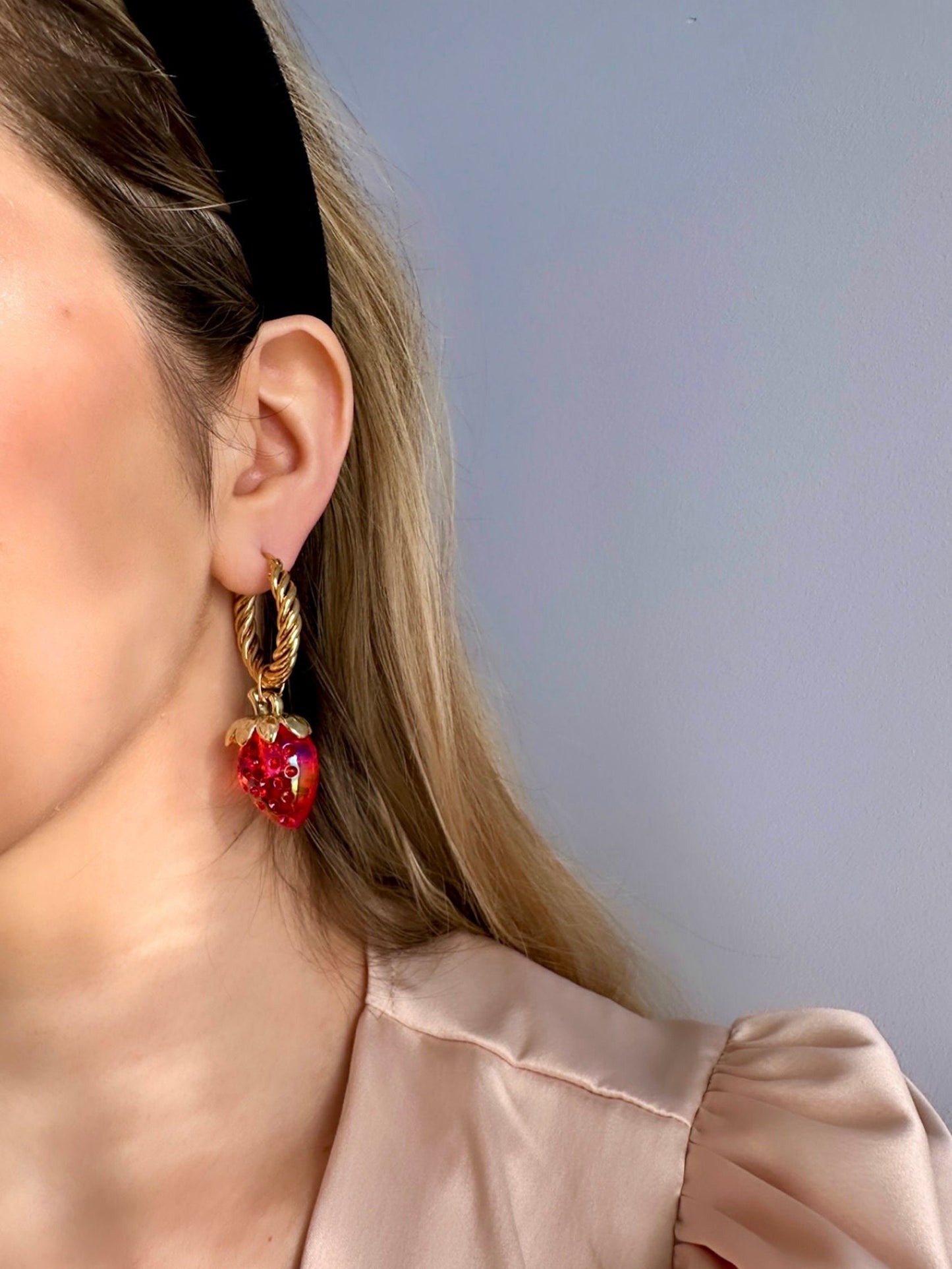 Strawberry Hoops, Gold Twist Hoop Earrings Tarnish Free, Red Strawberry Earrings, 2 in 1 Earrings That Convert, Strawberry Dangle Earrings