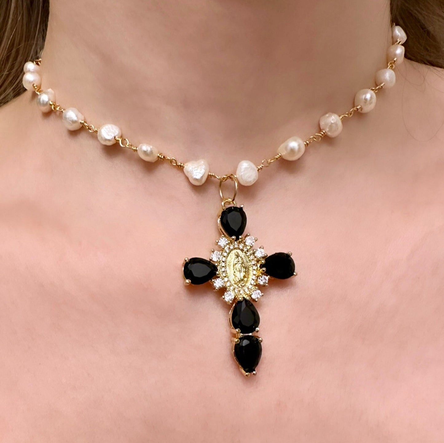 Renaissance Cross Necklace, Freshwater Pearl Cross, Black Cross Necklace, 18K Cross Pendant, Pearl Cross Necklace Women, Medieval Cross