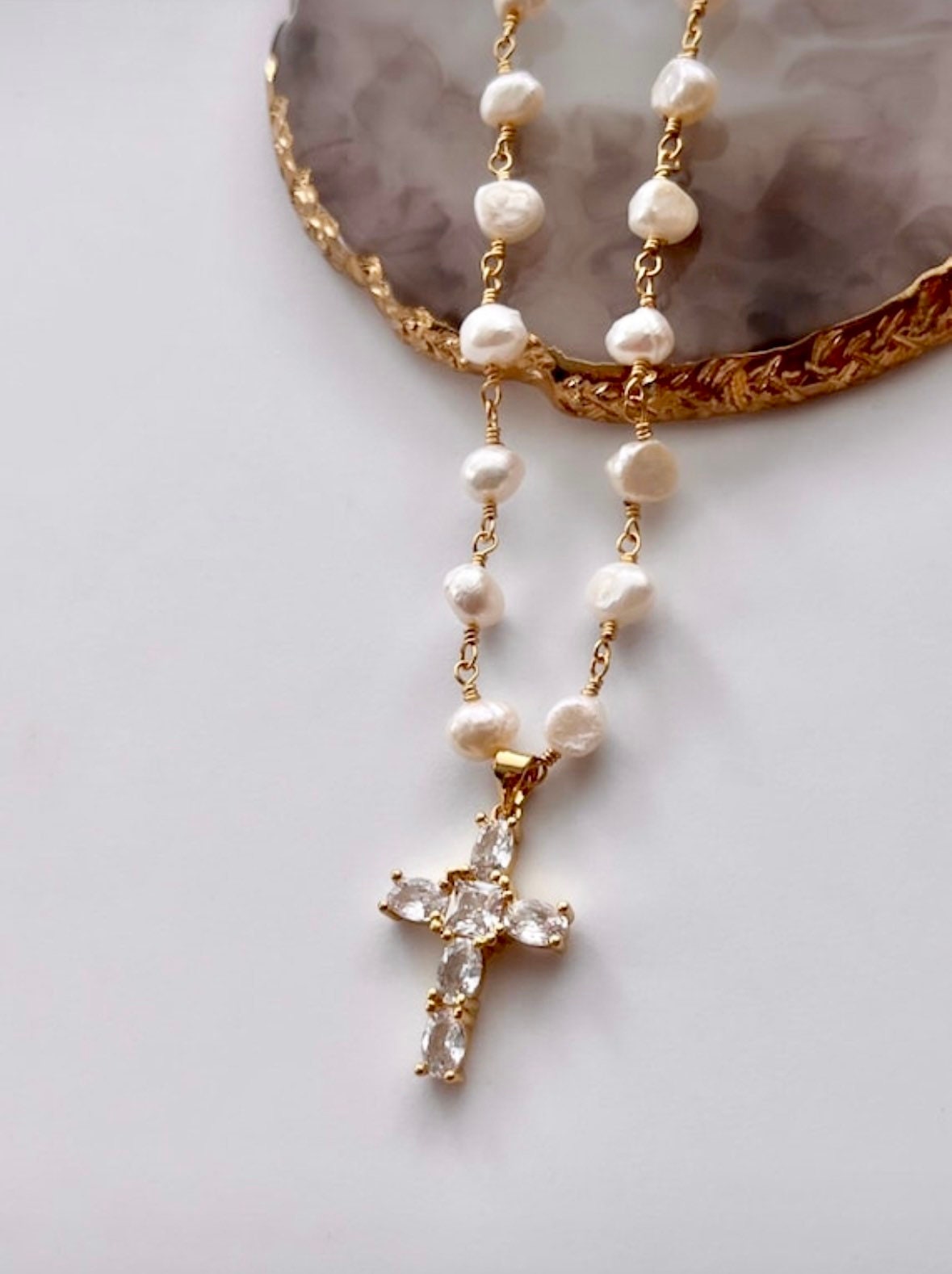 Freshwater Pearl Cross Necklace - Statement Cross Pearl Necklace - Pearl Bead Cross Necklace, Gold Filled CZ Cross Pendant, CZ Cross Pendant