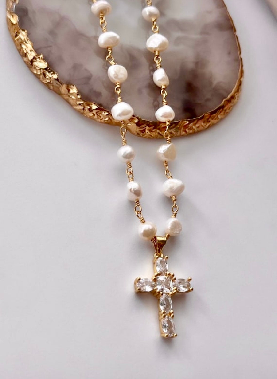 Freshwater Pearl Cross Necklace - Statement Cross Pearl Necklace - Pearl Bead Cross Necklace, Gold Filled CZ Cross Pendant, CZ Cross Pendant