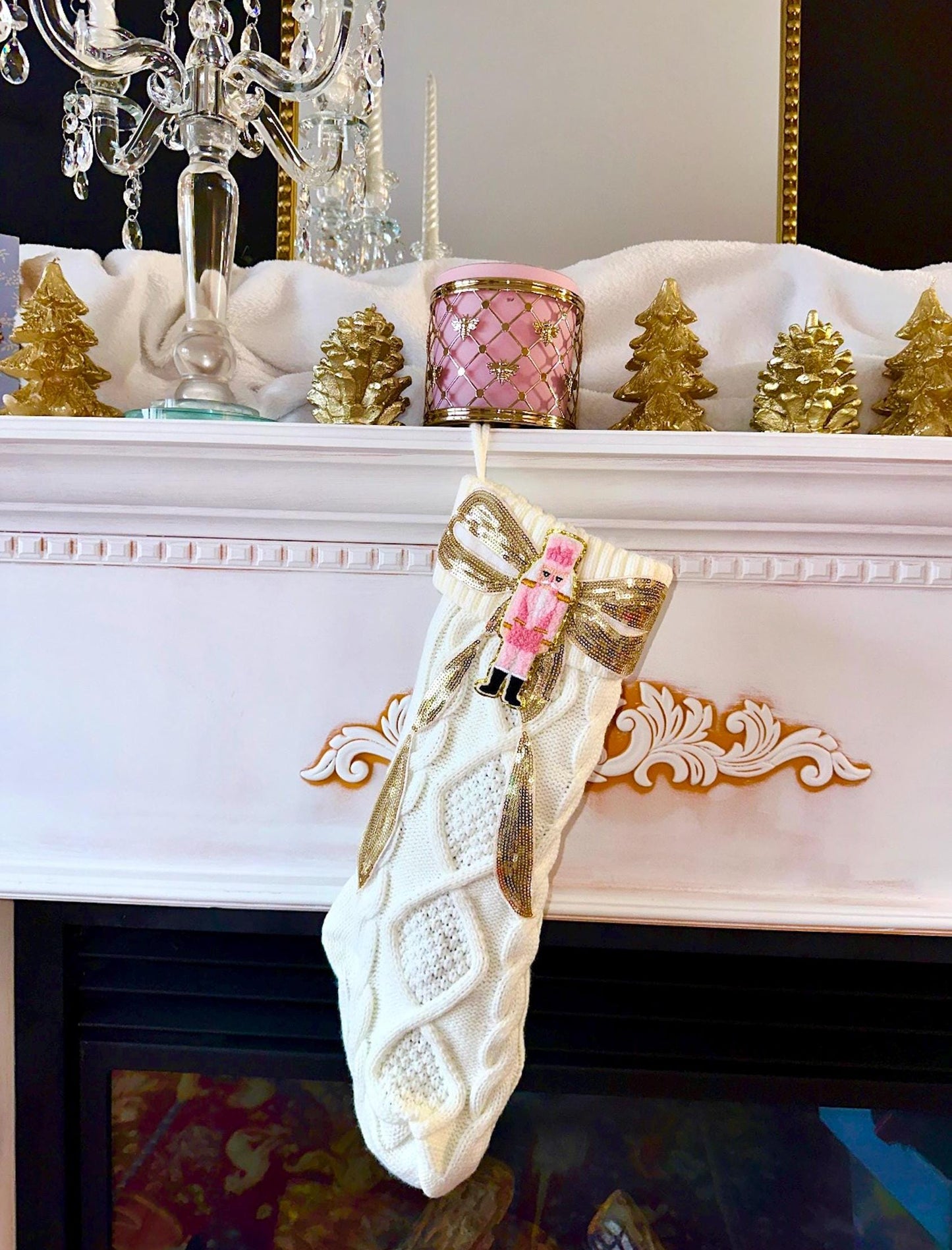 Pink Nutcracker Stocking, Nutcracker Christmas Stocking, Bow Christmas Stocking, White Knit Christmas Stocking, Coquette Christmas Stocking