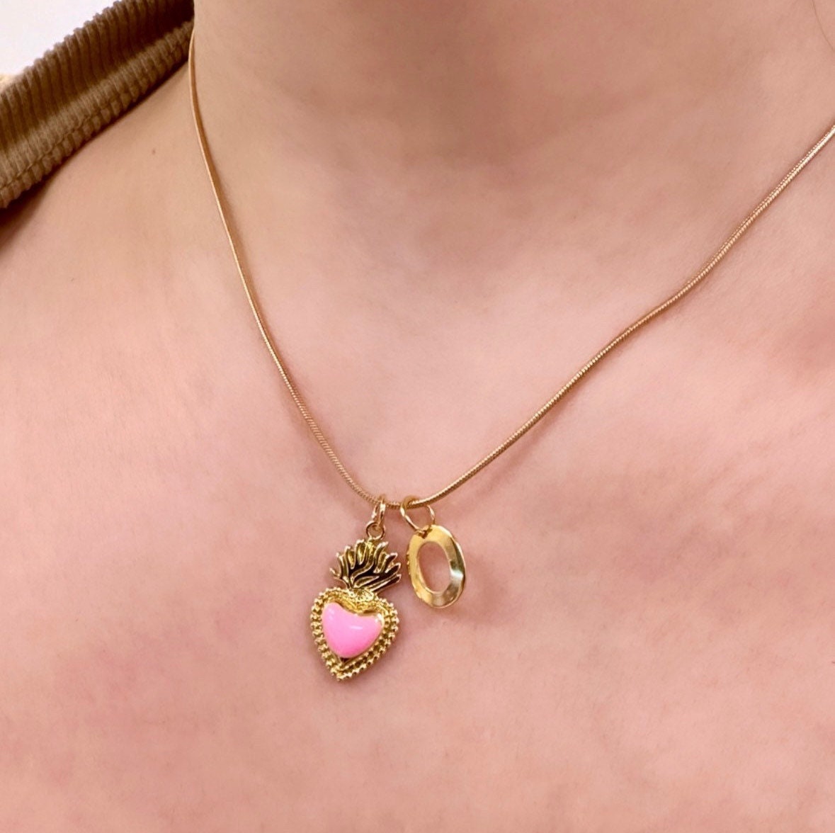 Milagro Heart Pendant, Small Sacred Heart Necklace Gold, Pink Milagro Heart, Gold Initial, Gold Sacred Heart Pendant, Flaming Heart Necklace