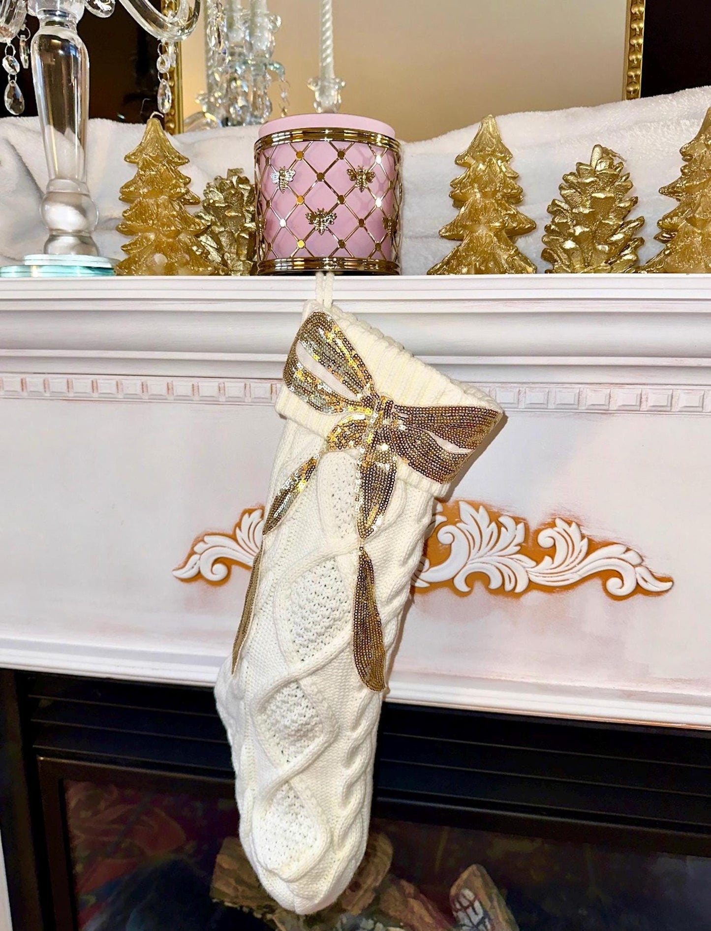 Coquette Christmas Stocking, Bow Christmas Stocking, White Knit Christmas Stocking, Sequin Christmas Stocking, Gold Bow Christmas Decoration