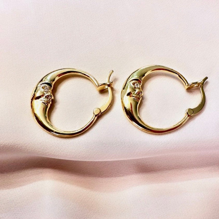 Planet Earrings, Moon Hoop Earrings, Small Gold Hoops, Moon Star Earrings, Sun Earrings, Y2K Earrings, Moon Hoops