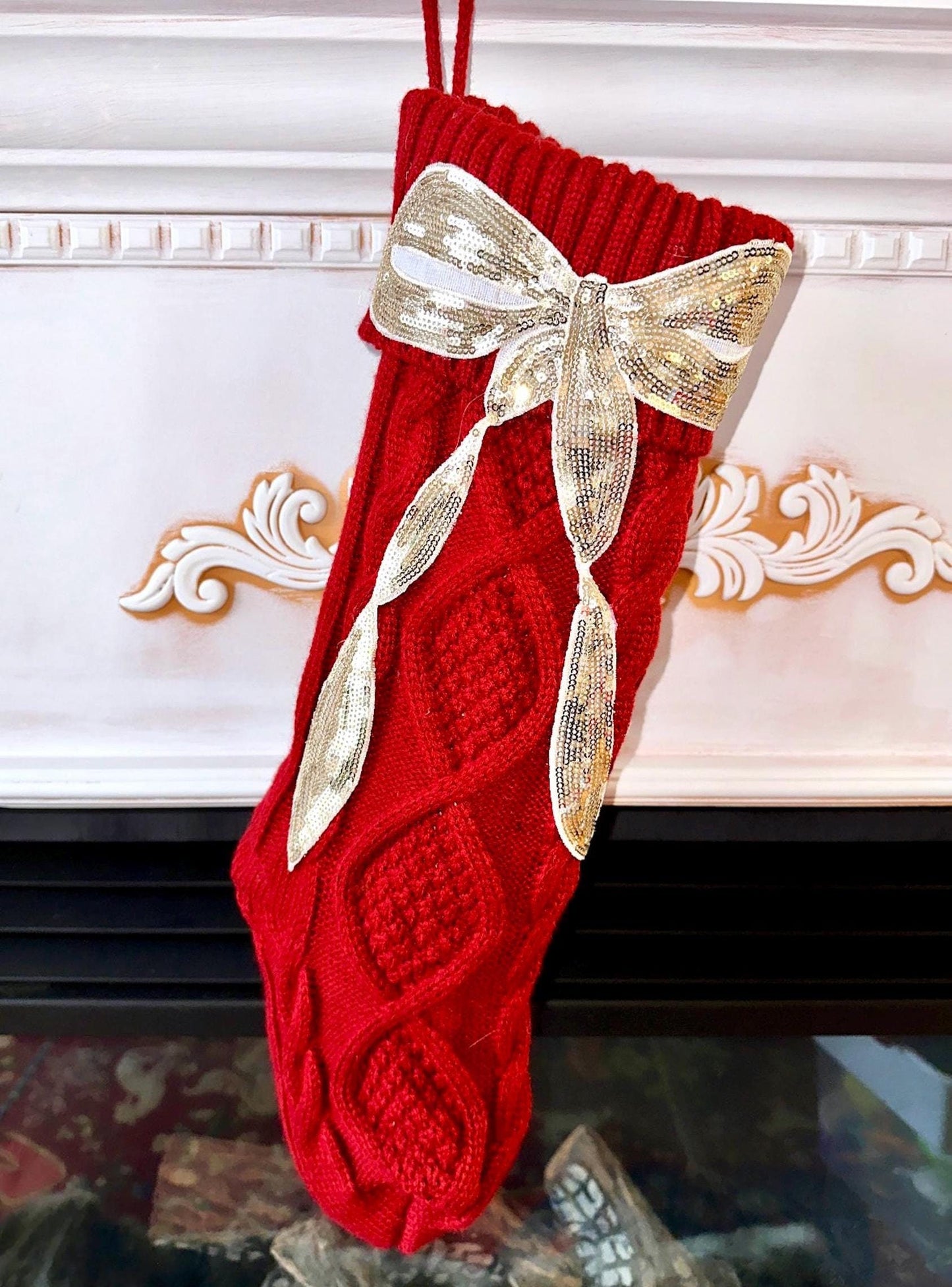 Bow Christmas Stocking, Coquette Christmas Stocking, Red Knit Christmas Stocking, Sequin Christmas Stocking, Gold Bow Christmas Decoration