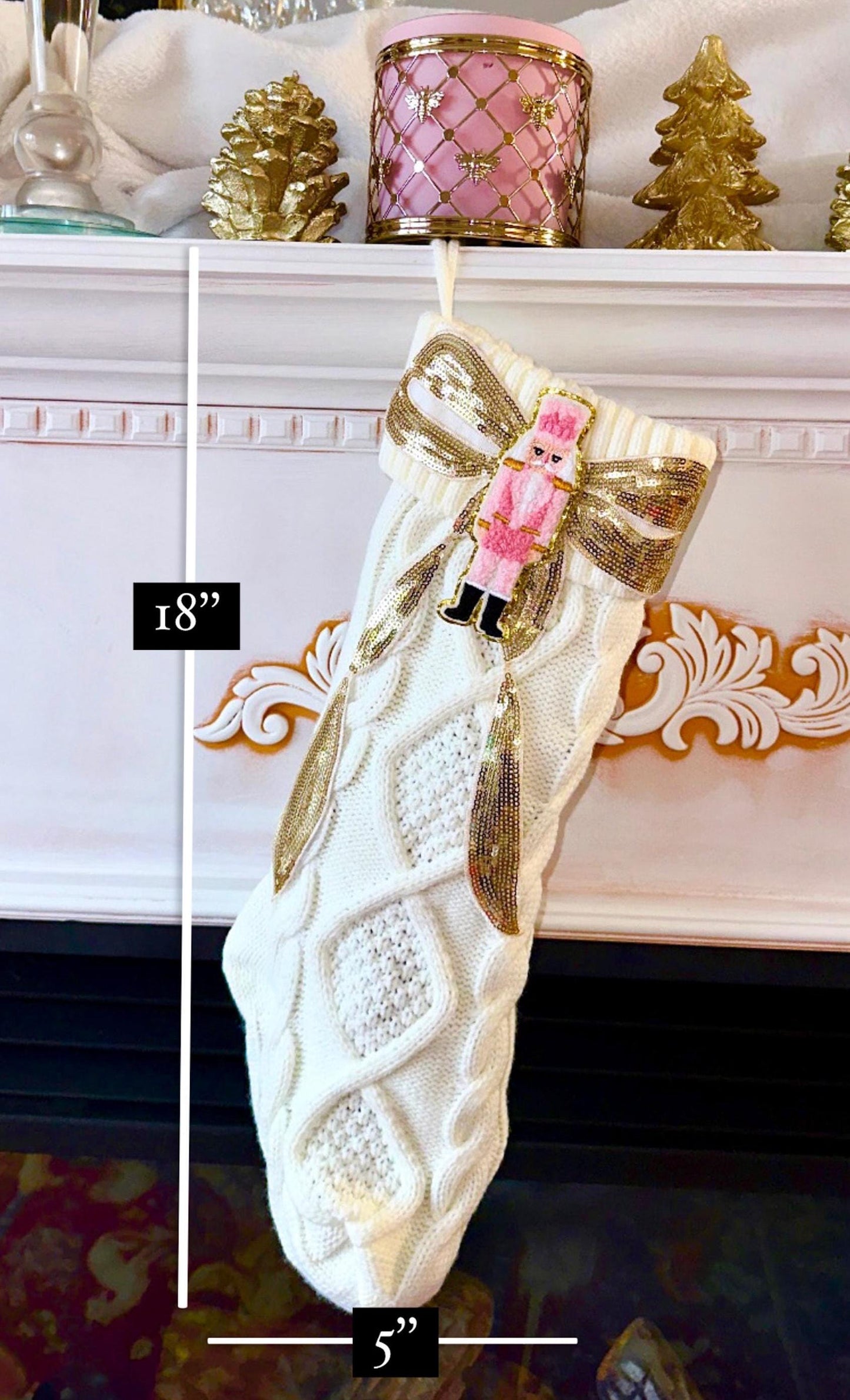 Pink Nutcracker Stocking, Nutcracker Christmas Stocking, Bow Christmas Stocking, White Knit Christmas Stocking, Coquette Christmas Stocking