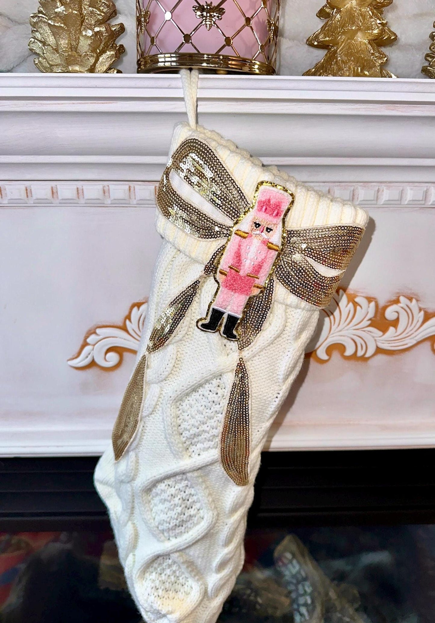 Pink Nutcracker Stocking, Nutcracker Christmas Stocking, Bow Christmas Stocking, White Knit Christmas Stocking, Coquette Christmas Stocking