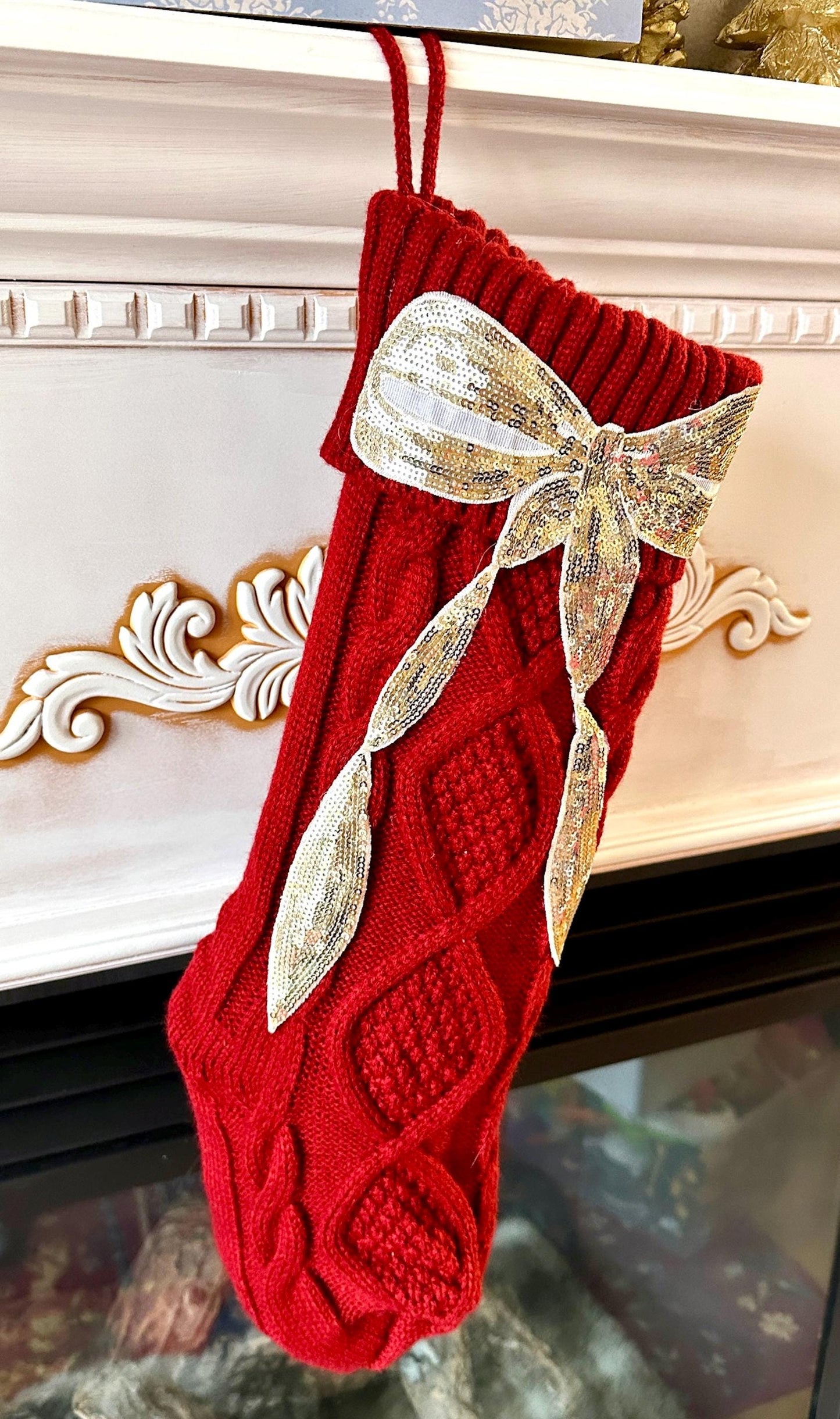Bow Christmas Stocking, Coquette Christmas Stocking, Red Knit Christmas Stocking, Sequin Christmas Stocking, Gold Bow Christmas Decoration