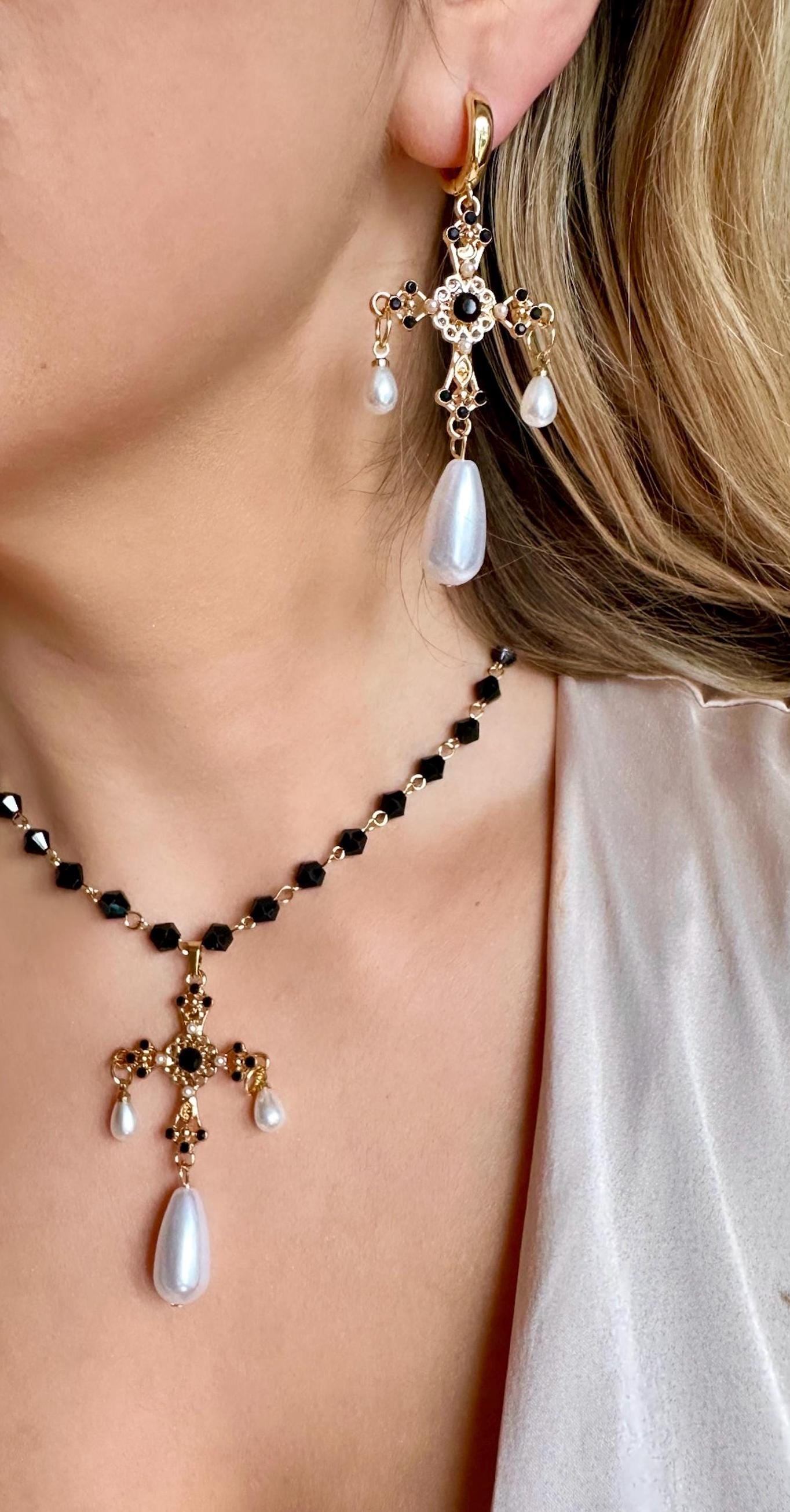 Renaissance Cross Necklace, Tudor Necklace, Renaissance Earrings, Halloween Jewelry Set, Renaissance Jewelry For Women, Medieval Jewelry