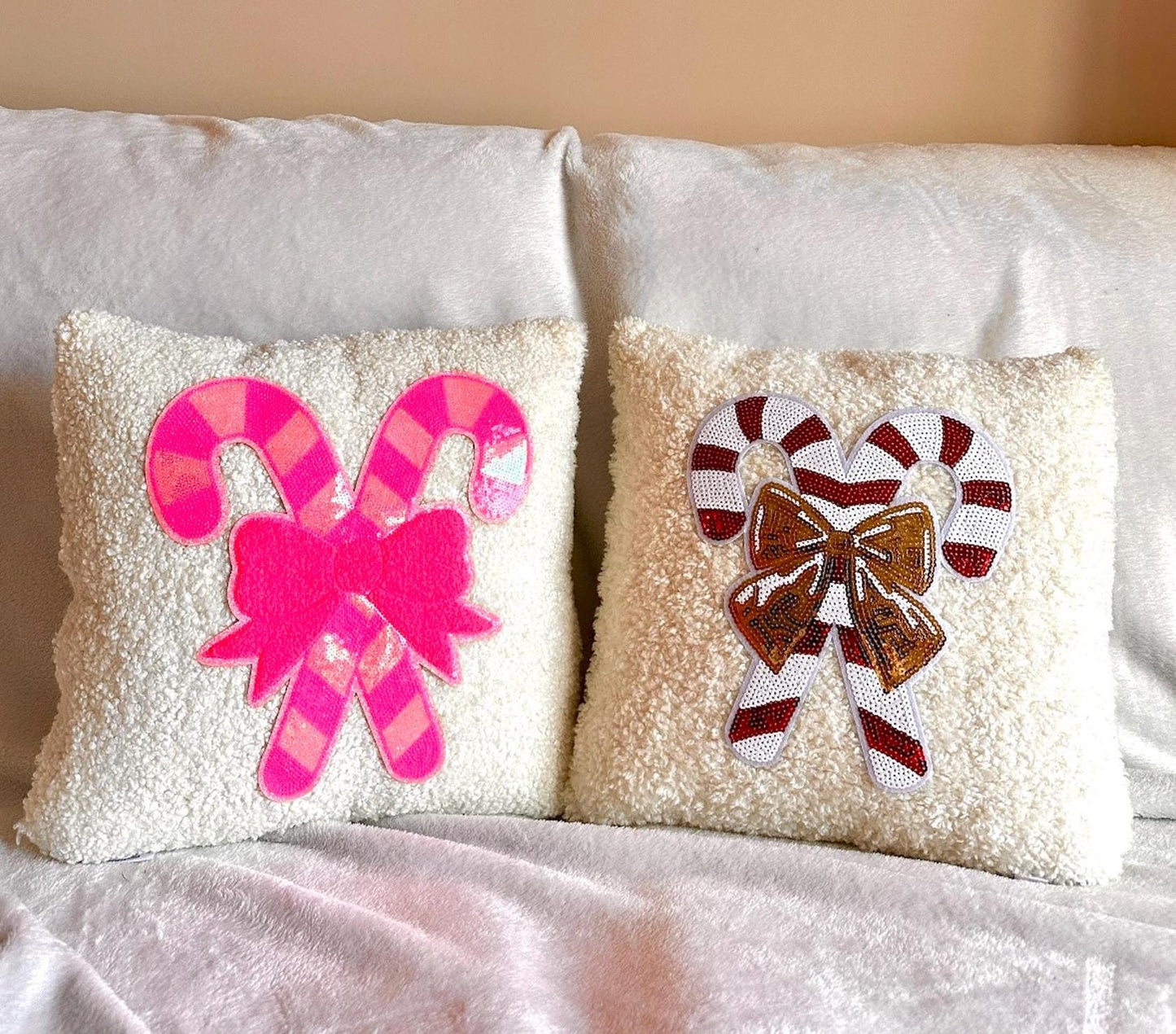 Candy Cane Christmas Pillow, Pink Candy Cane Pillow, White Boucle Pillow, Gold Bow Pillow, Sequin Christmas Pillow Coquette Christmas Pillow