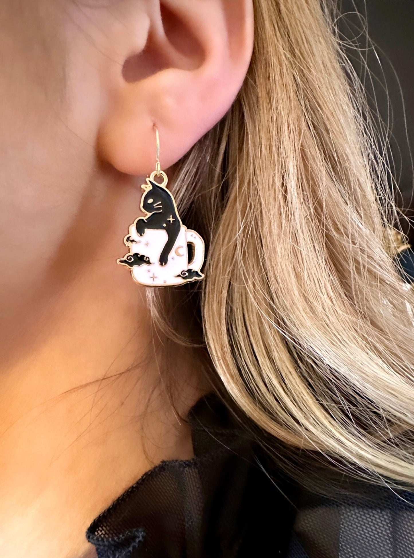 Halloween Black Cat Dangle Earrings, Coffee Mug Earrings, Witchy Celestial Earrings, Black Cat Jewelry Gift For Cat Lover