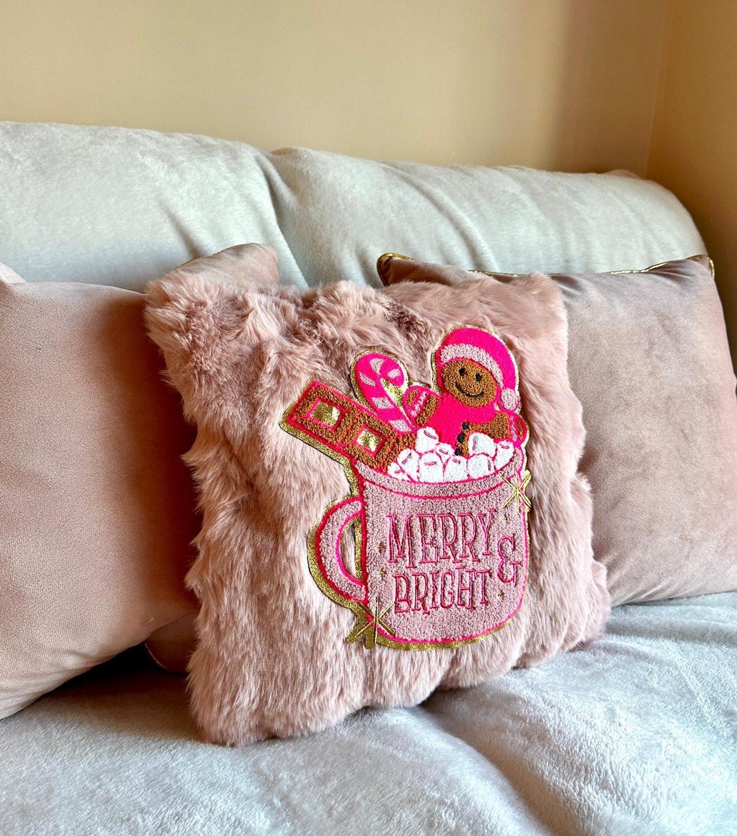 Pink Gingerbread Pillow, Merry And Bright Pillow, Pink Christmas Pillow, Coquette Christmas Pillow, Pink Christmas Decorations Home Decor