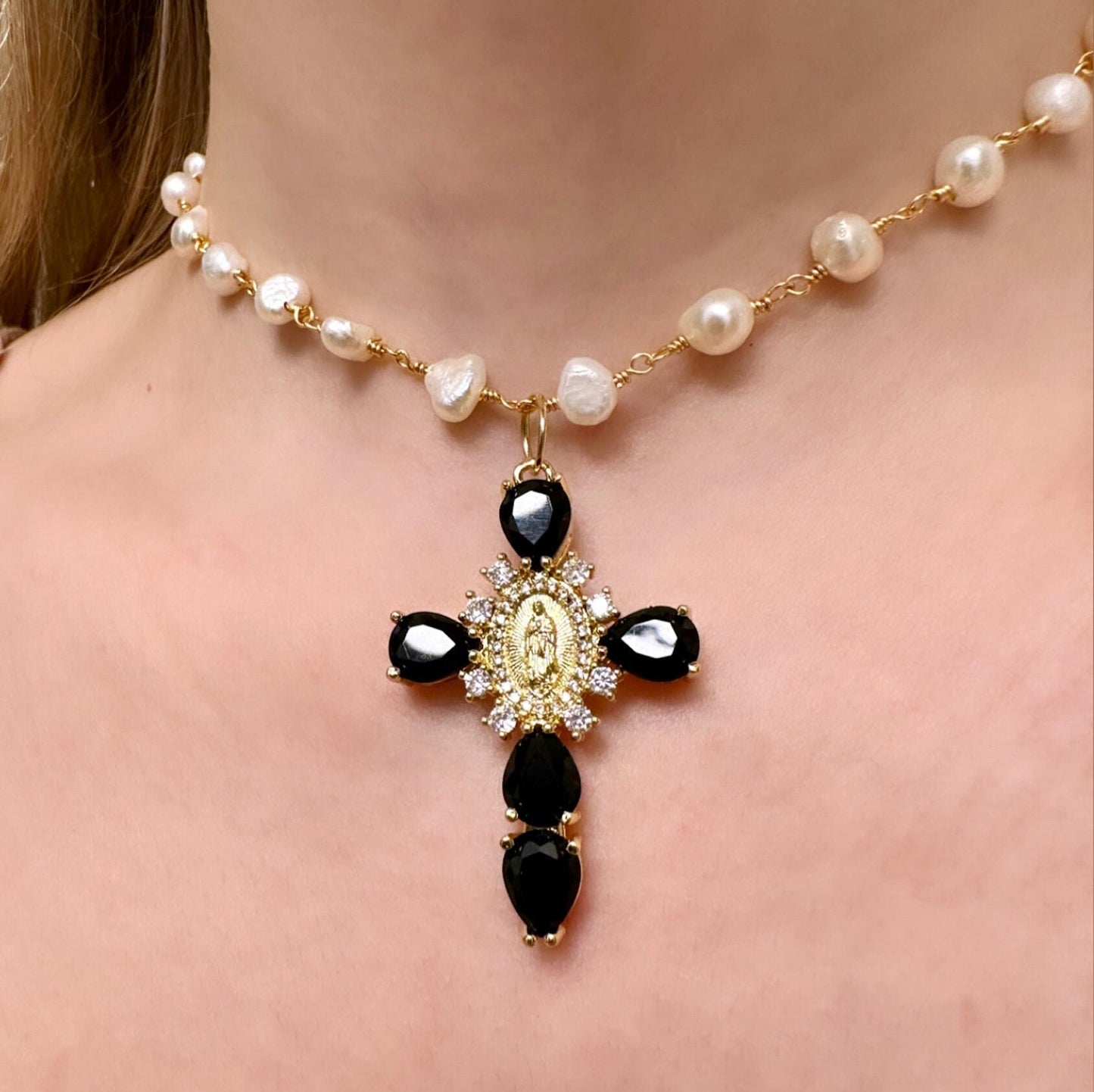 Renaissance Cross Necklace, Freshwater Pearl Cross, Black Cross Necklace, 18K Cross Pendant, Pearl Cross Necklace Women, Medieval Cross