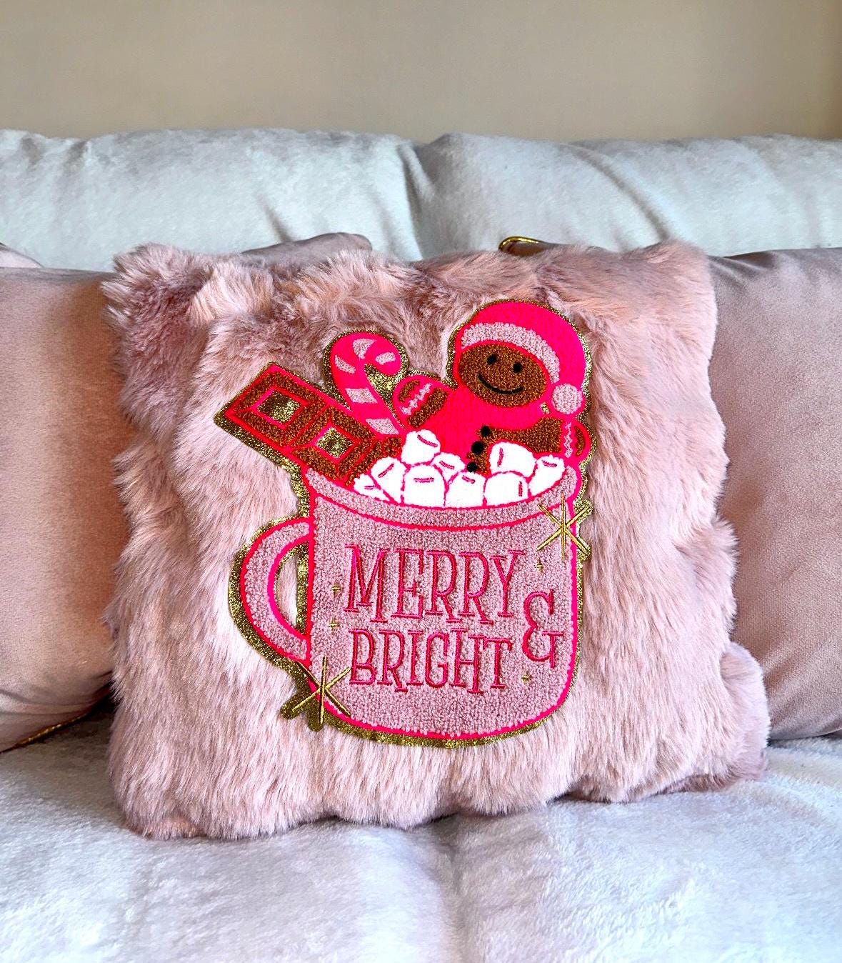 Pink Gingerbread Pillow, Merry And Bright Pillow, Pink Christmas Pillow, Coquette Christmas Pillow, Pink Christmas Decorations Home Decor