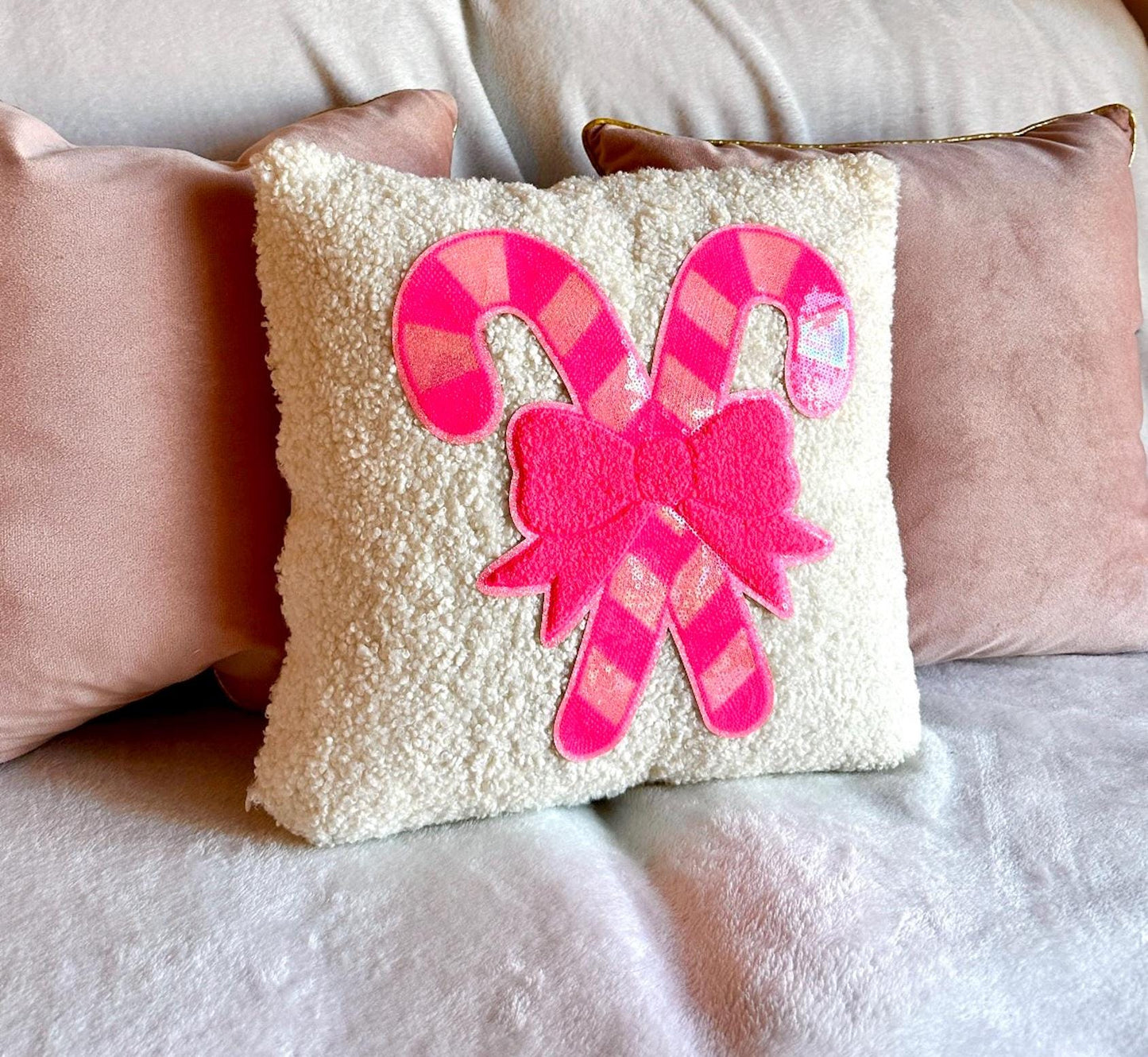Candy Cane Christmas Pillow, Pink Candy Cane Pillow, White Boucle Pillow, Gold Bow Pillow, Sequin Christmas Pillow Coquette Christmas Pillow
