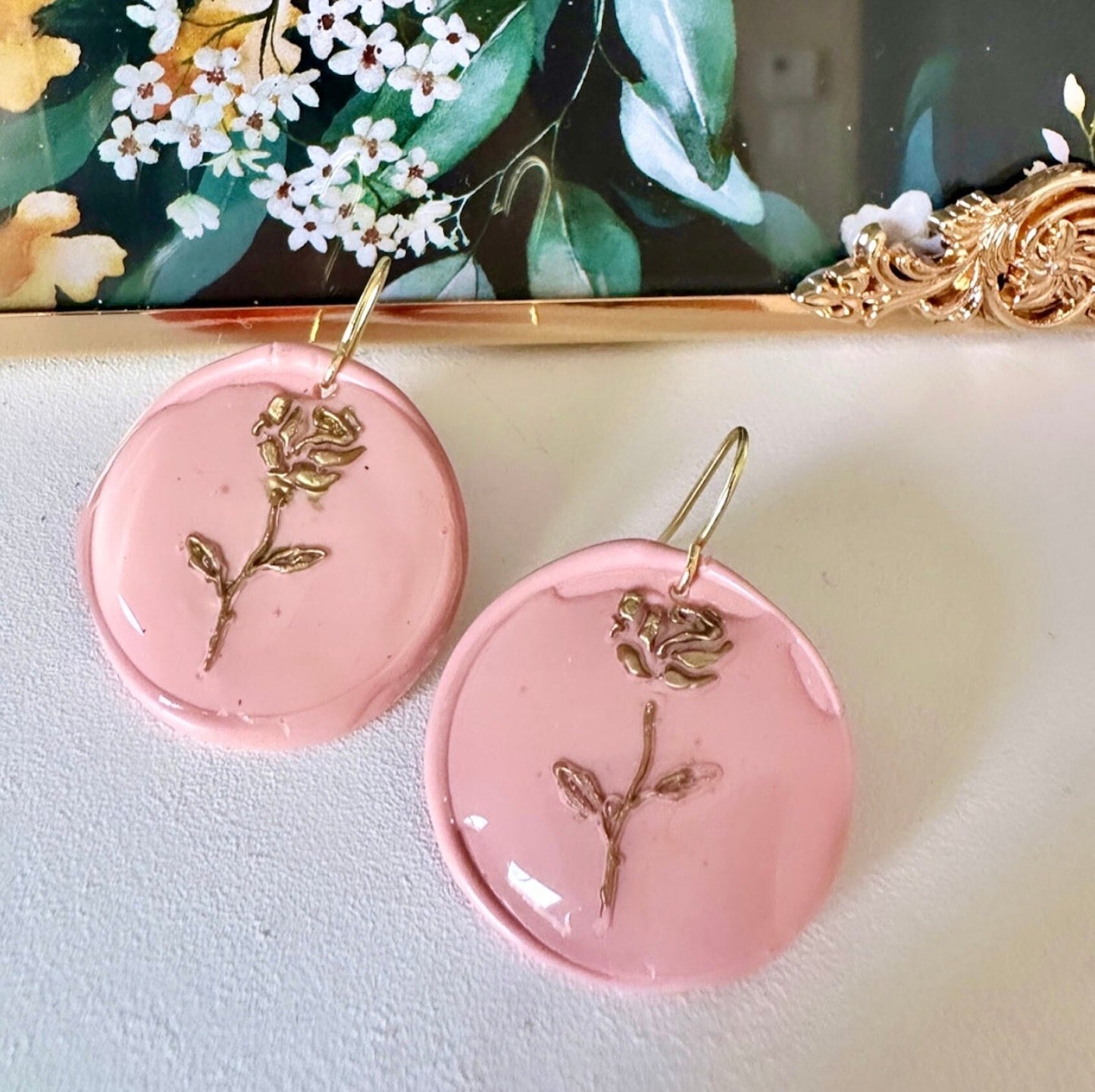 Gold Rose Earrings, Wax Seal Earrings, Pink Rose Earring, June Rose Earrings, Wax Jewelry, June Birthday Gifts, Rose Birth Flower