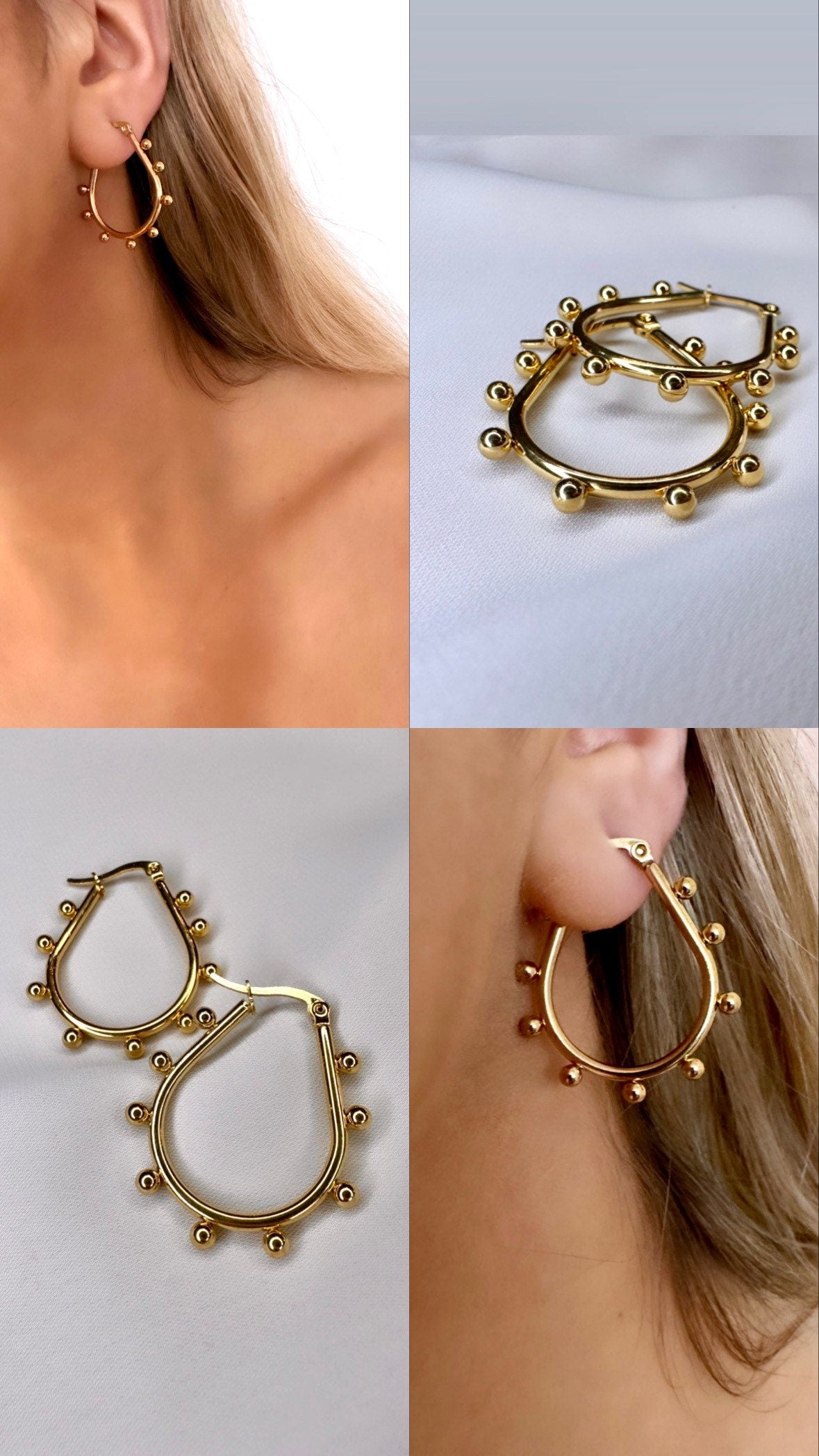 Teardrop Hoop Earrings Gold, Oblong Hoop Earrings Gold, Textured Hoop Earrings, Unique Hoop Earrings For Women, Pear Shaped Earrings