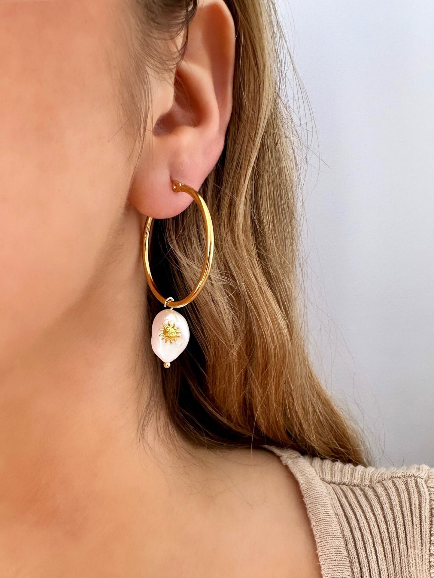 Pearl Dangle Hoop Earrings, Sun Hoop Earrings, Pearl Charm Hoops, Gold Sun Hoop Earrings, Freshwater Pearl Earrings Drop, Gold Plated Hoops